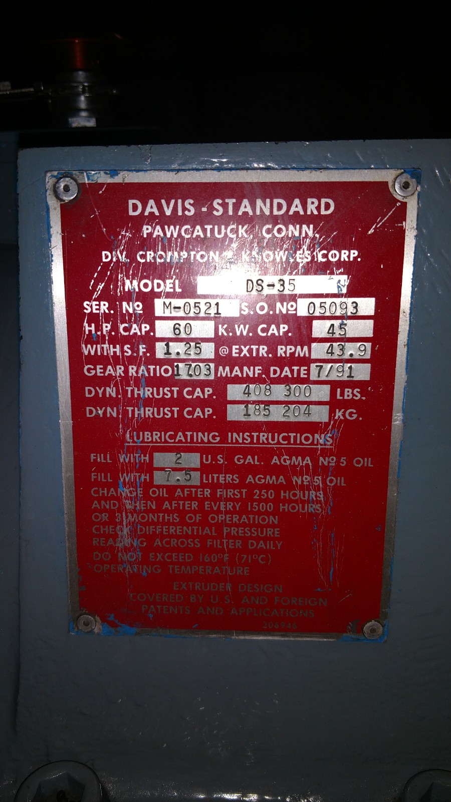 3.5" Davis Standard #DS35, extruder, drive replaced 2016, extra barrel & general purpose screw - Image 8
