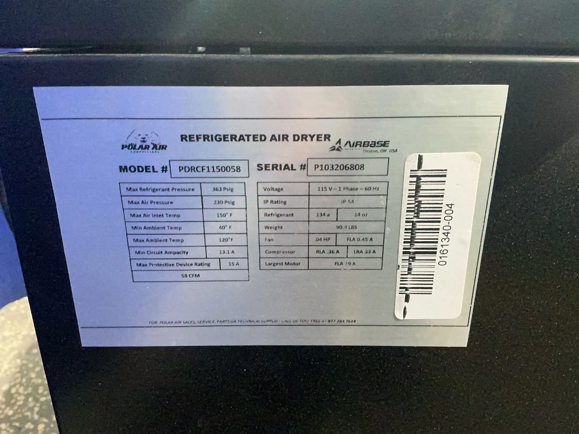 58 CFM, 230 PSIG, Eaton #PDRCF1150058, refrigerated air dryer, R134A, 13.1 A, 115 V. - Image 6