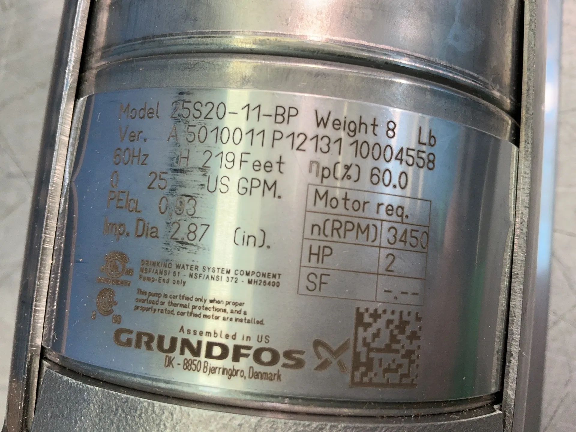 25 GPM, Grundfos #25S20-11-BP, submersible pump, 2 HP, 3450 RPM, 1-1/2" NPT, new - Image 6