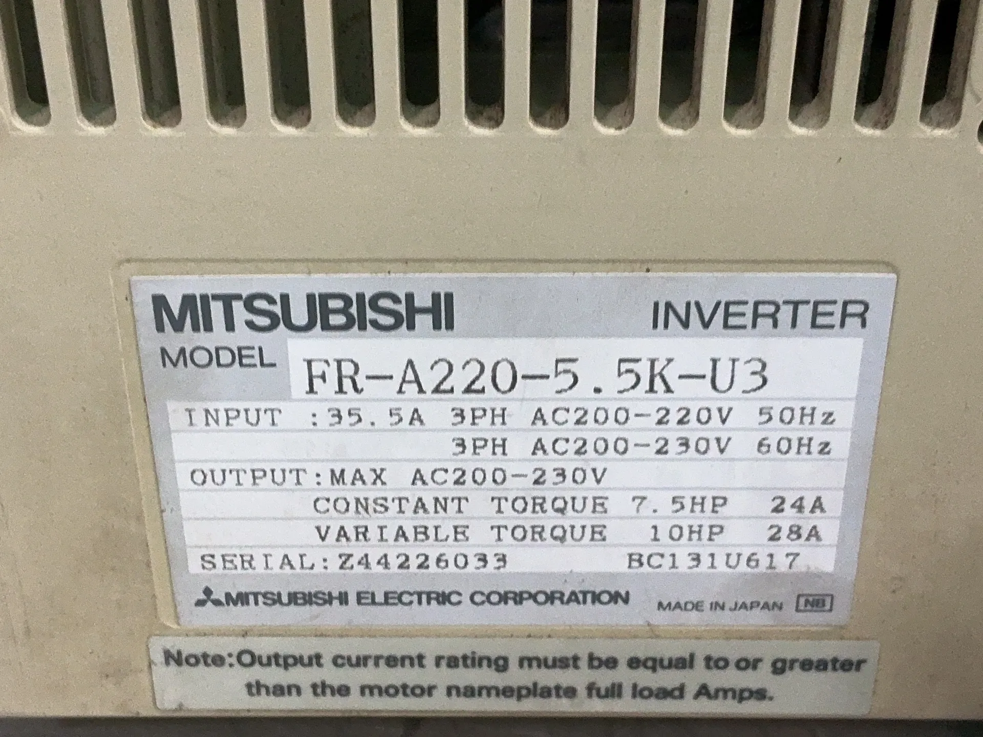 Mitsubishi #FR-A220-5.5K-U3, Freqrol-A200 Inverter, 200-230 Volts, 3 phase, 50/60 Hz - Image 6