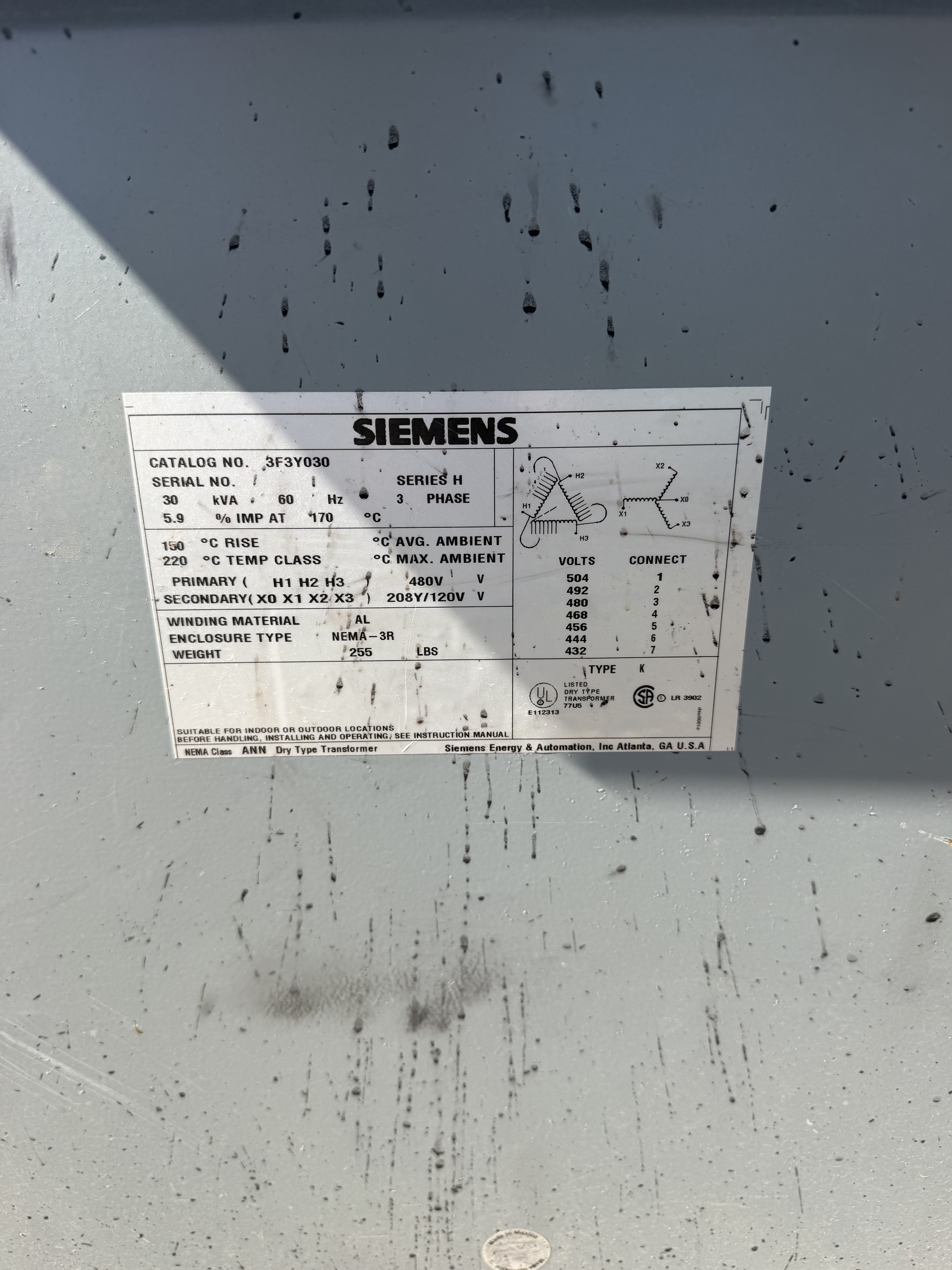 30 KVA 480 Primary, 208Y/120 Secondary, Siemens #3F3Y030, Dry Type Transformer, 3 Phase, 60 Hz, 150&deg;C Rise - Image 2