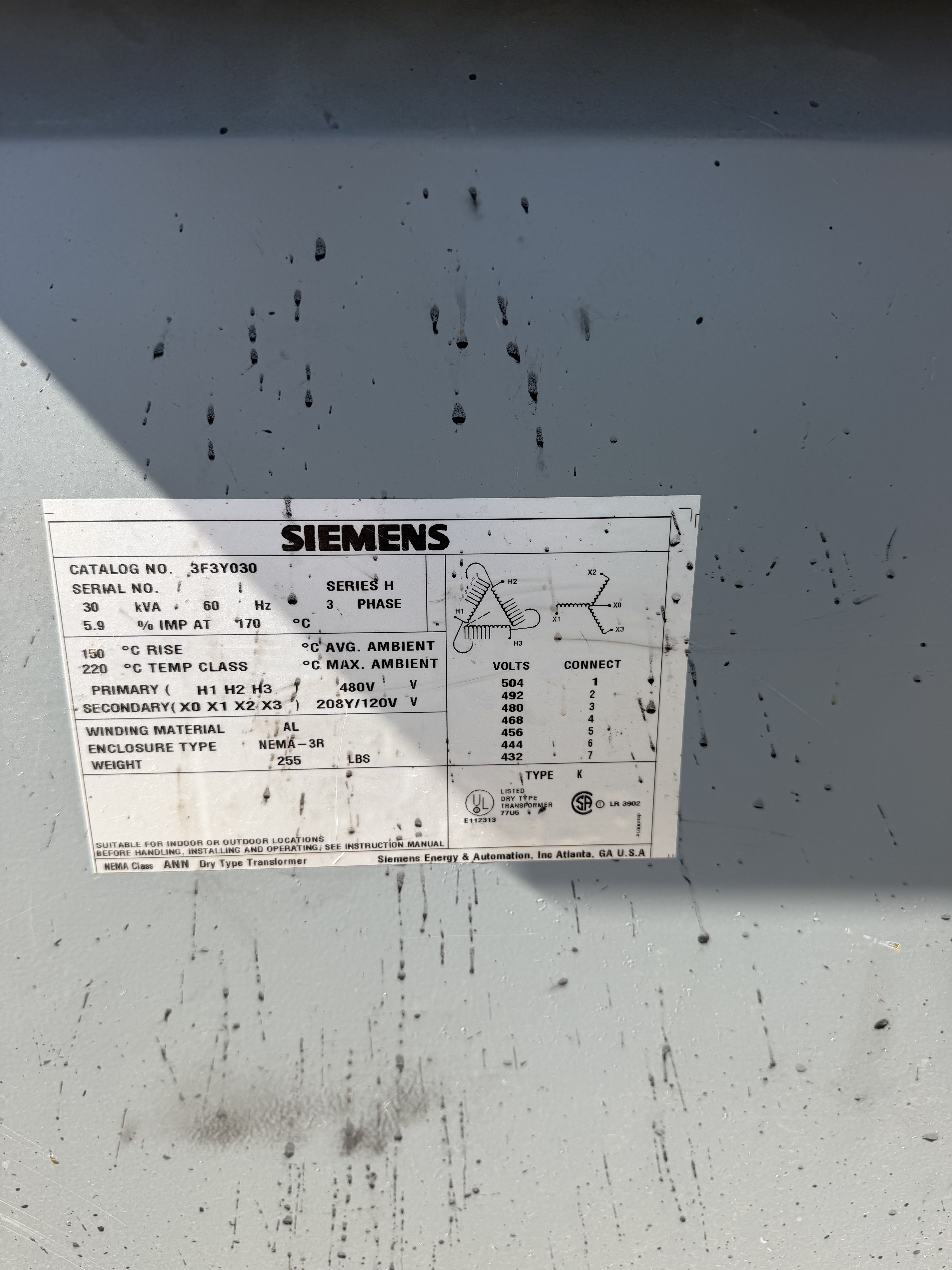 30 KVA 480 Primary, 208Y/120 Secondary, Siemens #3F3Y030, Dry Type Transformer, 3 Phase, 60 Hz, 150&deg;C Rise - Image 3