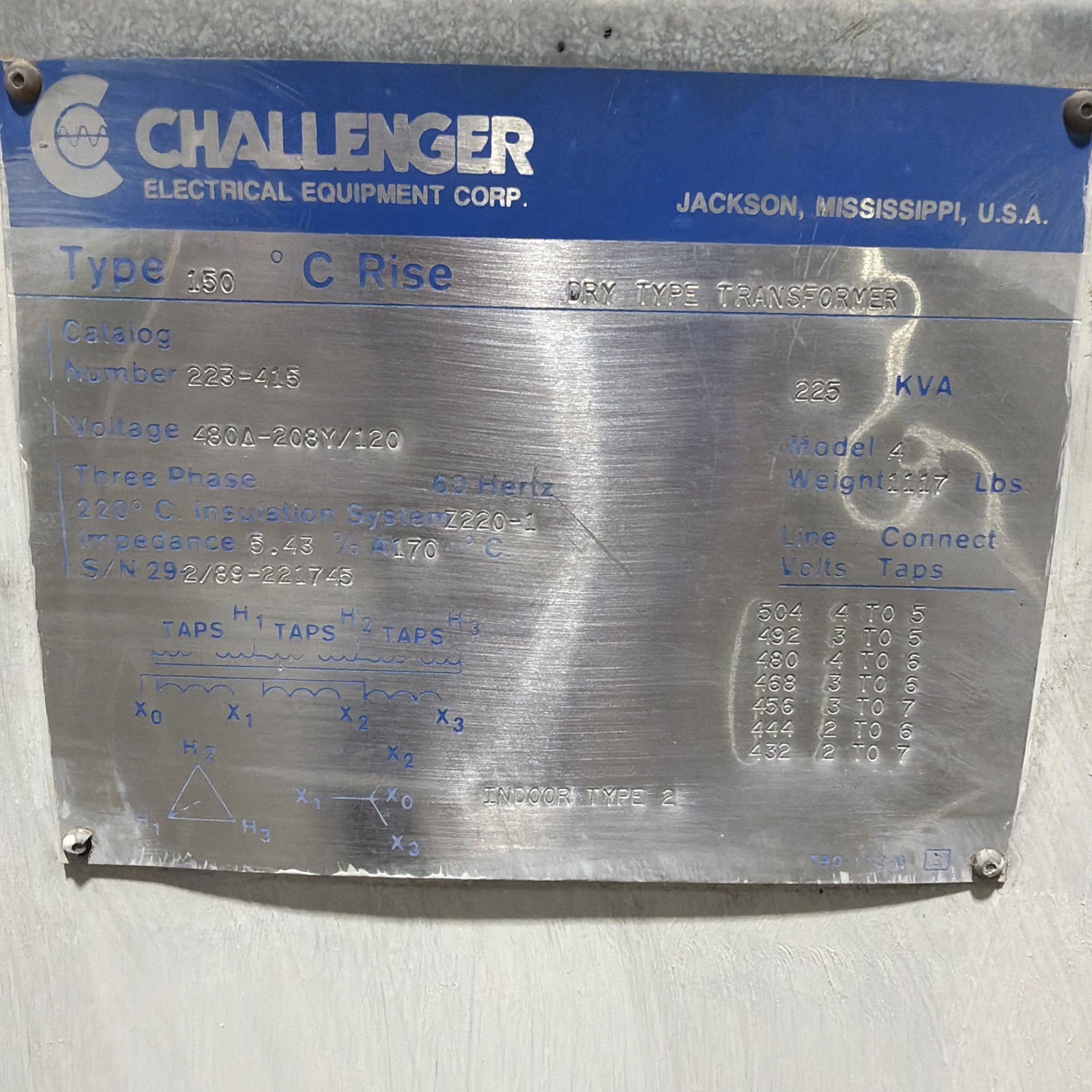 225 KVA 480 Delta Primary, 208Y/120 Secondary, Challenger 223-415, step-down dry type transformer, 3PH, 60 Hz - Image 2