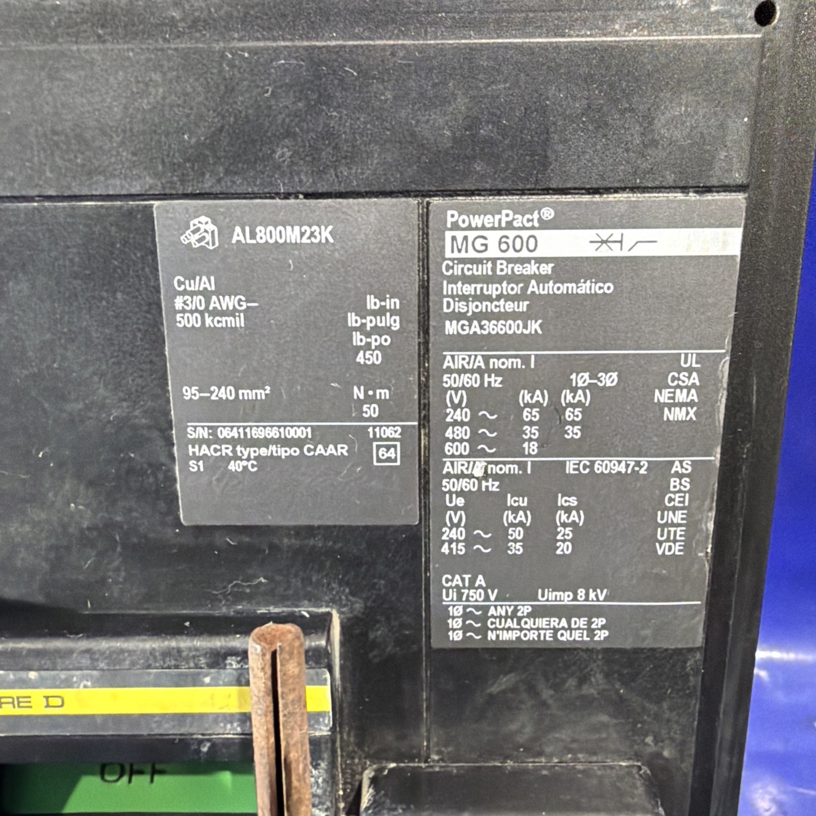 600 Amps, Square D PowerPact M.g. #MGA36600JK, I-Line circuit breaker, 3-pole, 18kA, 600 Volts - Image 2