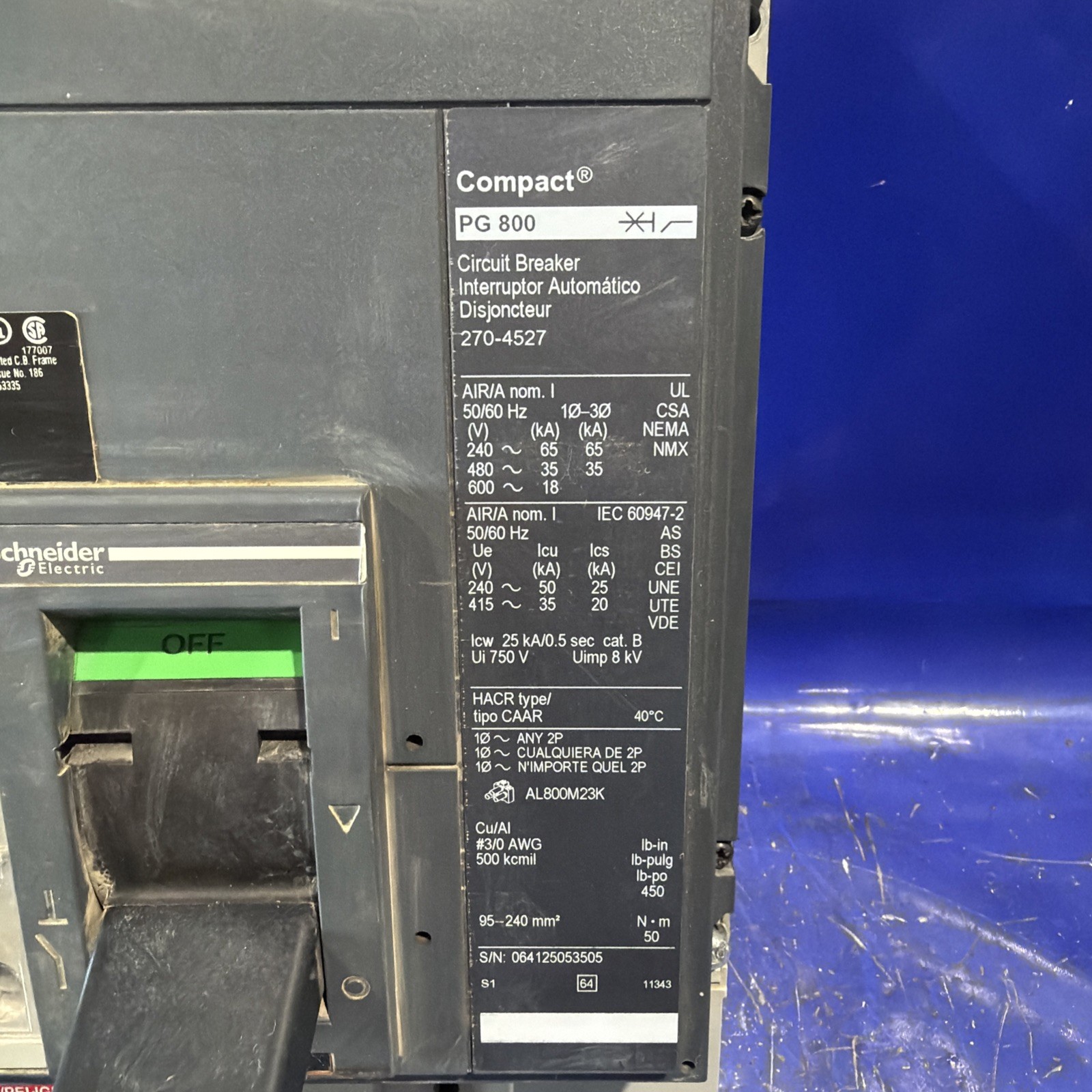 800 Amps, Schneider Electric Compact #PG800, circuit breaker, 3-pole, 18kA, 600 Volts - Image 2