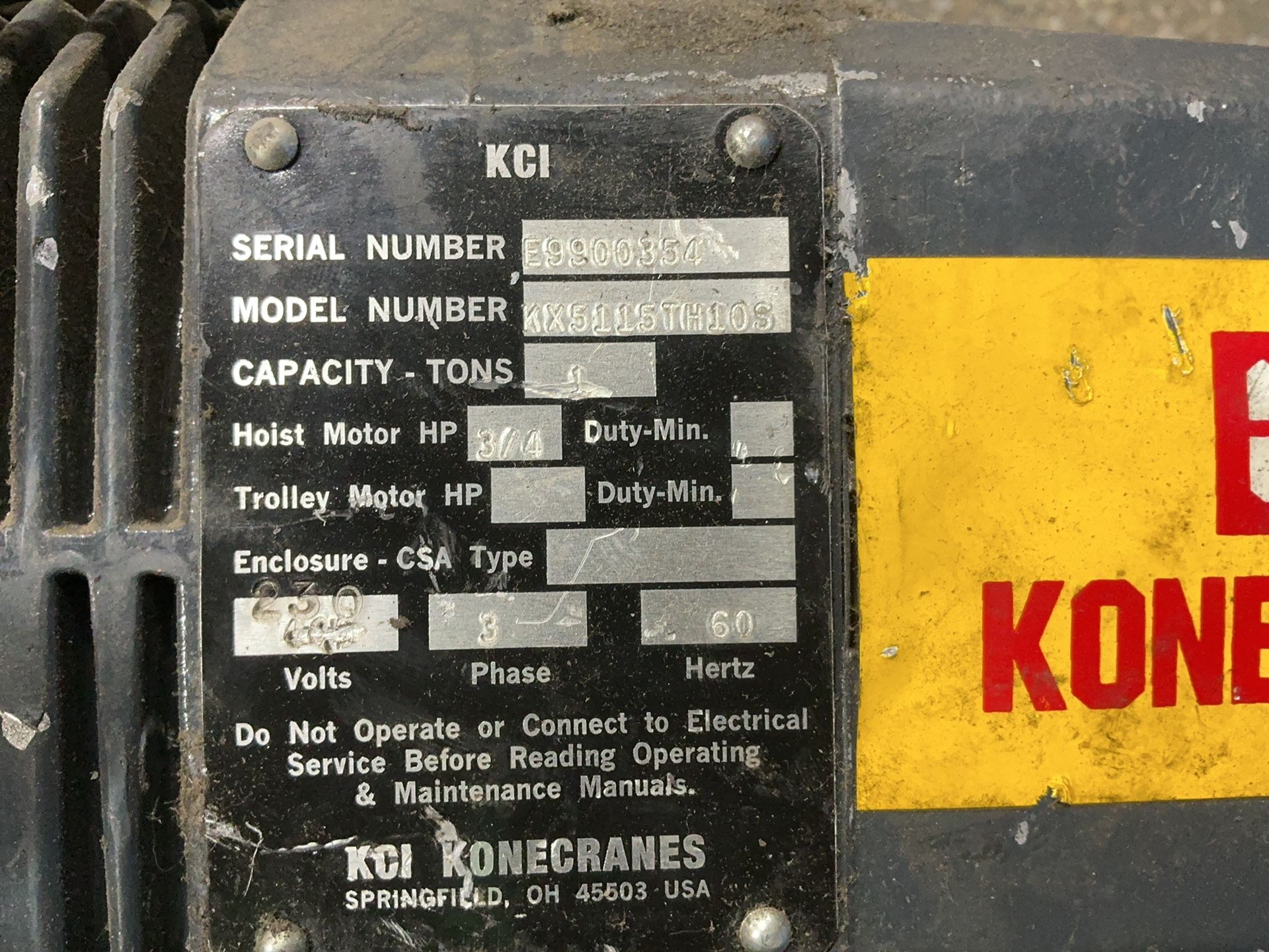 1 Ton, KCI Konecranes #KX5115TH10S, electric hoist, 3/4 HP, 230 V. - Image 6