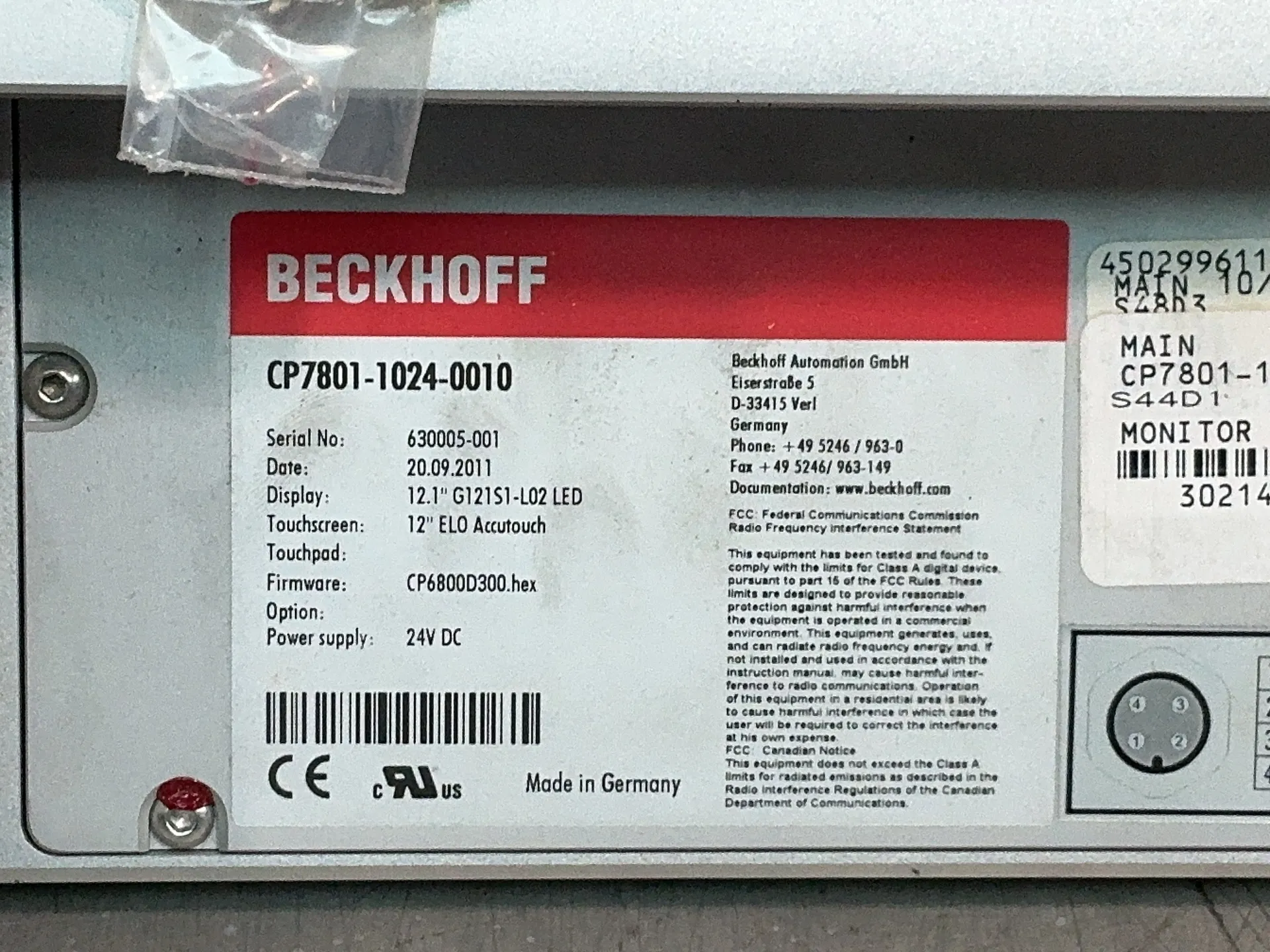 Beckhoff #CP7801-1024-0010, 12" Touchscreen, Elo AccuTouch display, 4 keys, 2 firmware discs, binder, 2011 - Image 6