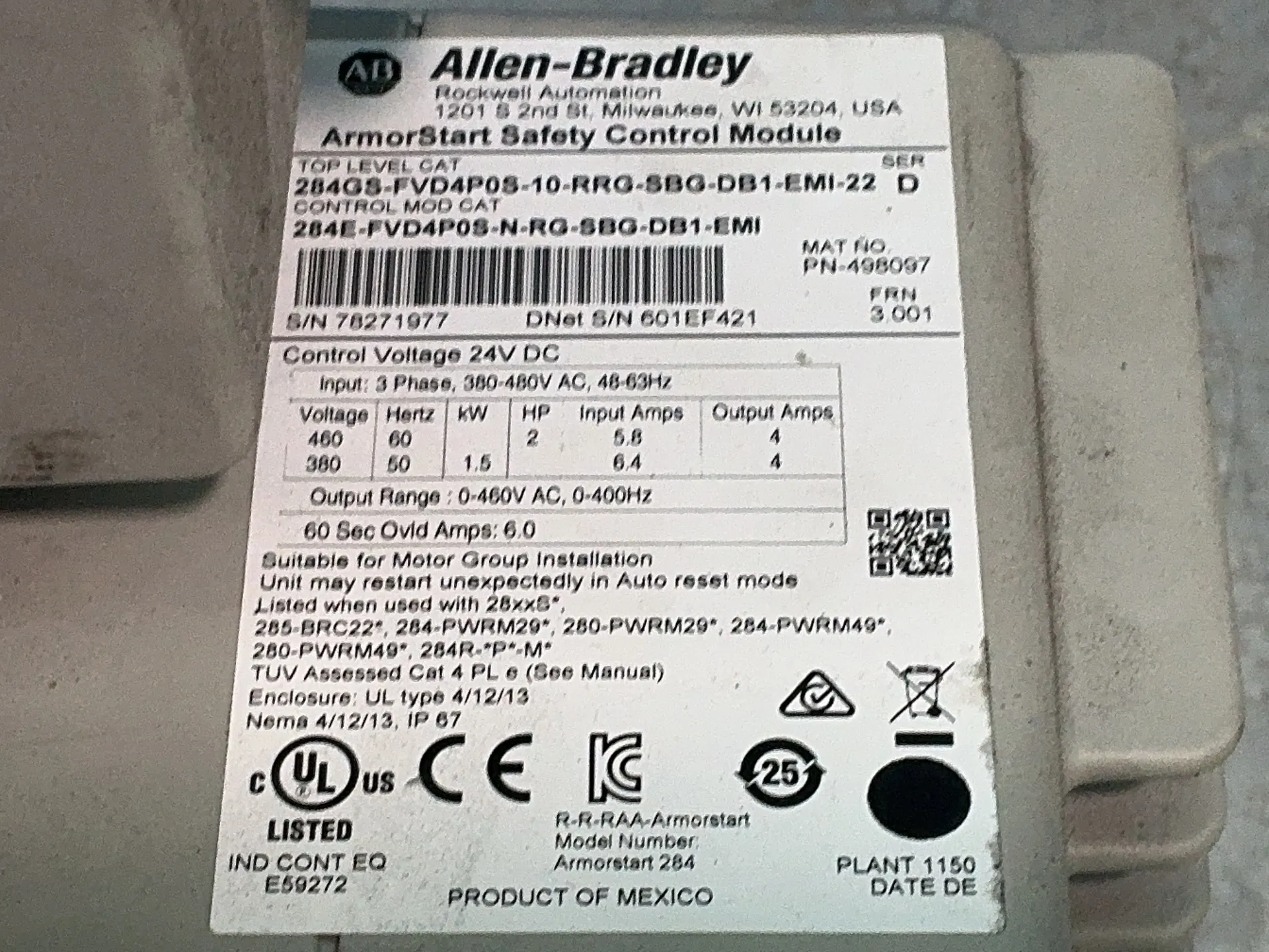 Allen-Bradley #284GS-FVD4P0S-10-RRG-SBG-DB1-EMI-22, ArmorStart Safety Control Module, 460/380 Volts - Image 3