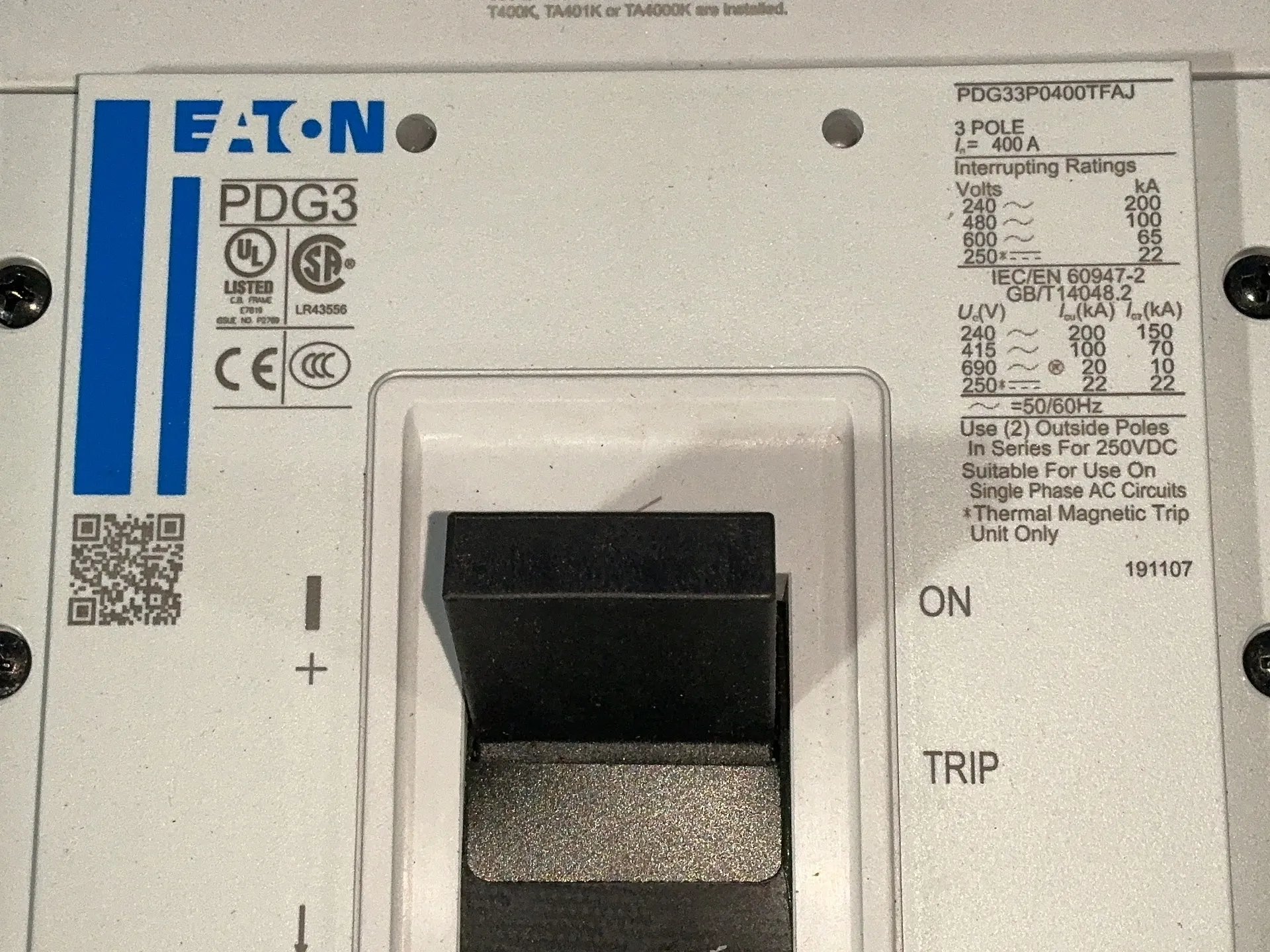400 Amps, Eaton #PDG33P0400TFAJ, molded case circuit breaker, 3-pole, 600 Volts - Image 3