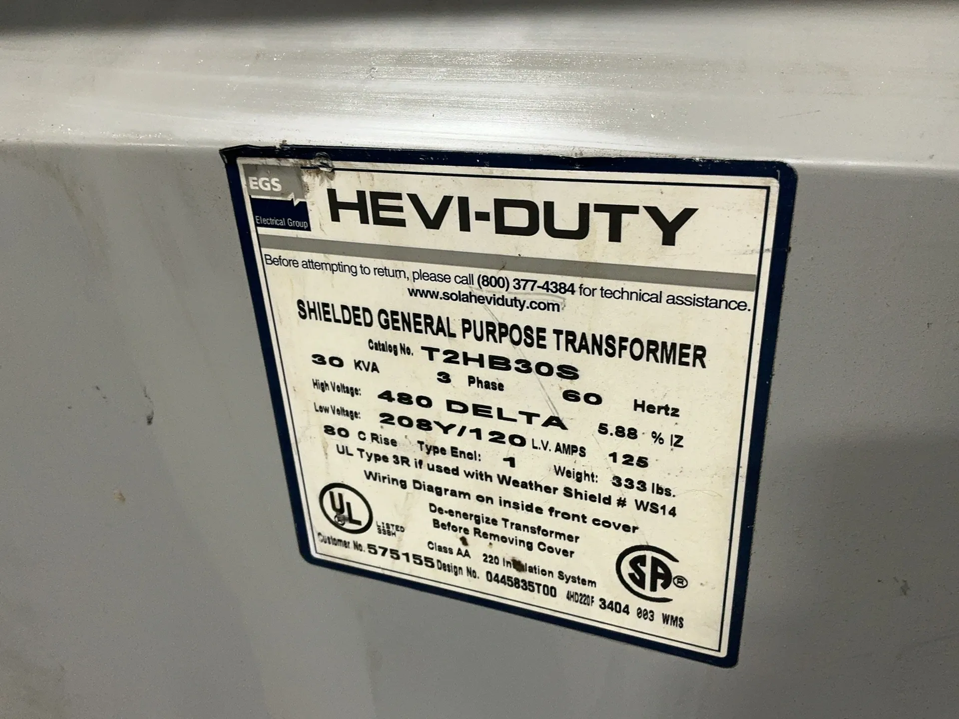 30 KVA 480 Primary, 208Y/120 Secondary, Hevi-Duty T2HB30S, shielded general purpose transformer, Type 1 - Image 2