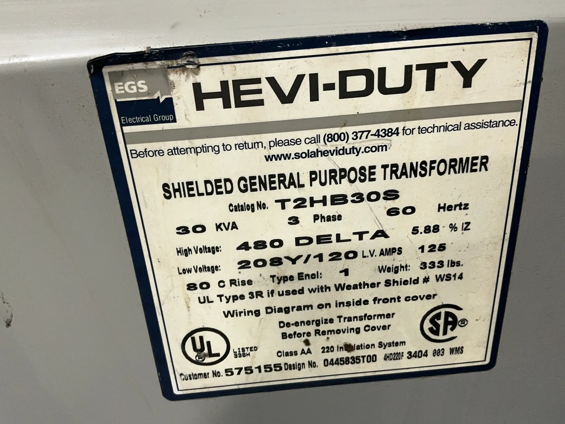 30 KVA 480 Primary, 208Y/120 Secondary, Hevi-Duty T2HB30S, shielded general purpose transformer, Type 1 - Image 3