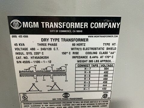 45 KVA 480 Primary, 240/120 Secondary, MGM HT45A3K2SH, dry type transformer, 3PH - Image 4