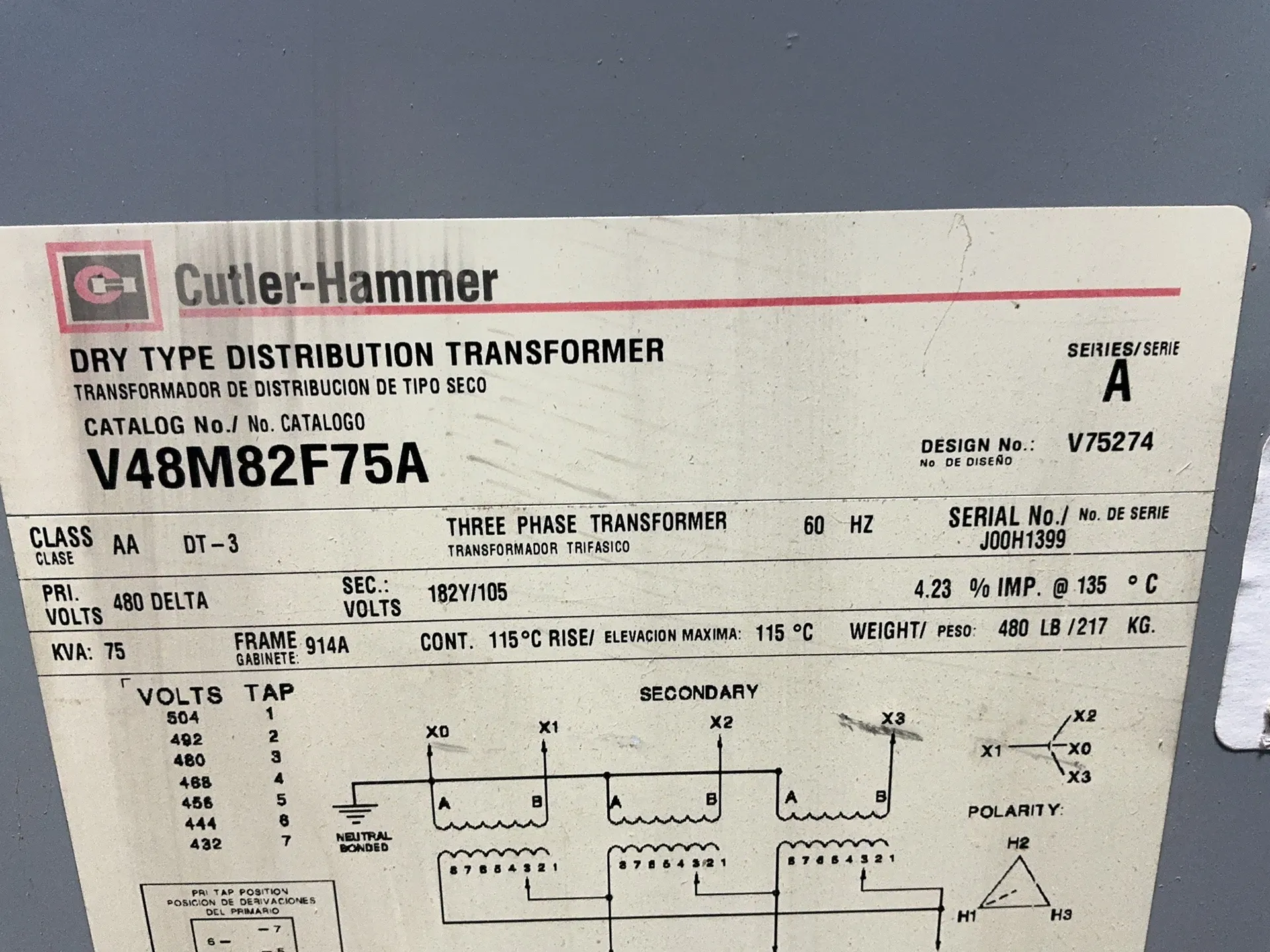 75 KVA 480 Primary, 182Y/105 Secondary, Cutler-Hammer V48M82F75A, dry type distribution transformer, indoor - Image 5