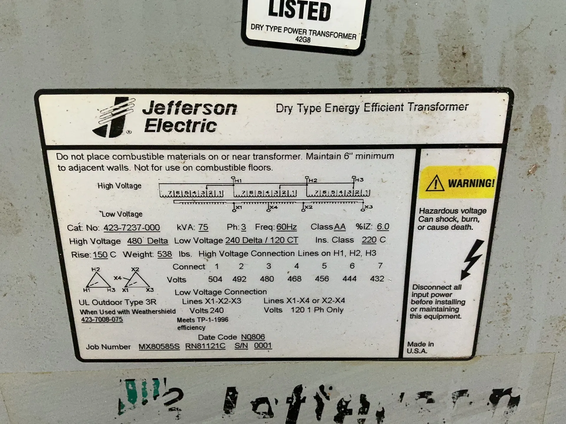 75 KVA 480 Primary, 240/120 Secondary, Jefferson Electric 423-7237-000, dry type energy efficient - Image 3