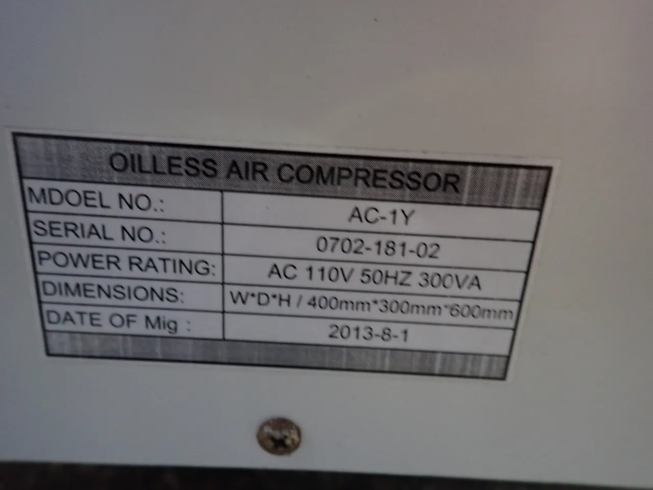 Oilless air compressor #AC-1Y, 110 V., 1 phase, 2013 - Image 4