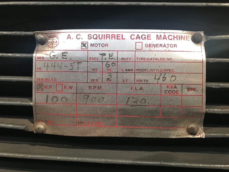 100 HP 900 RPM General Electric, Frame 444/5T, TEFC, surplus, 460 Volts - Image 2