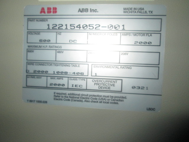 2000 Amps, ABB, S8D, SACE S8,3P, 600 Volts, manually operated, part 122154052-001, Nema 1, used - Image 4