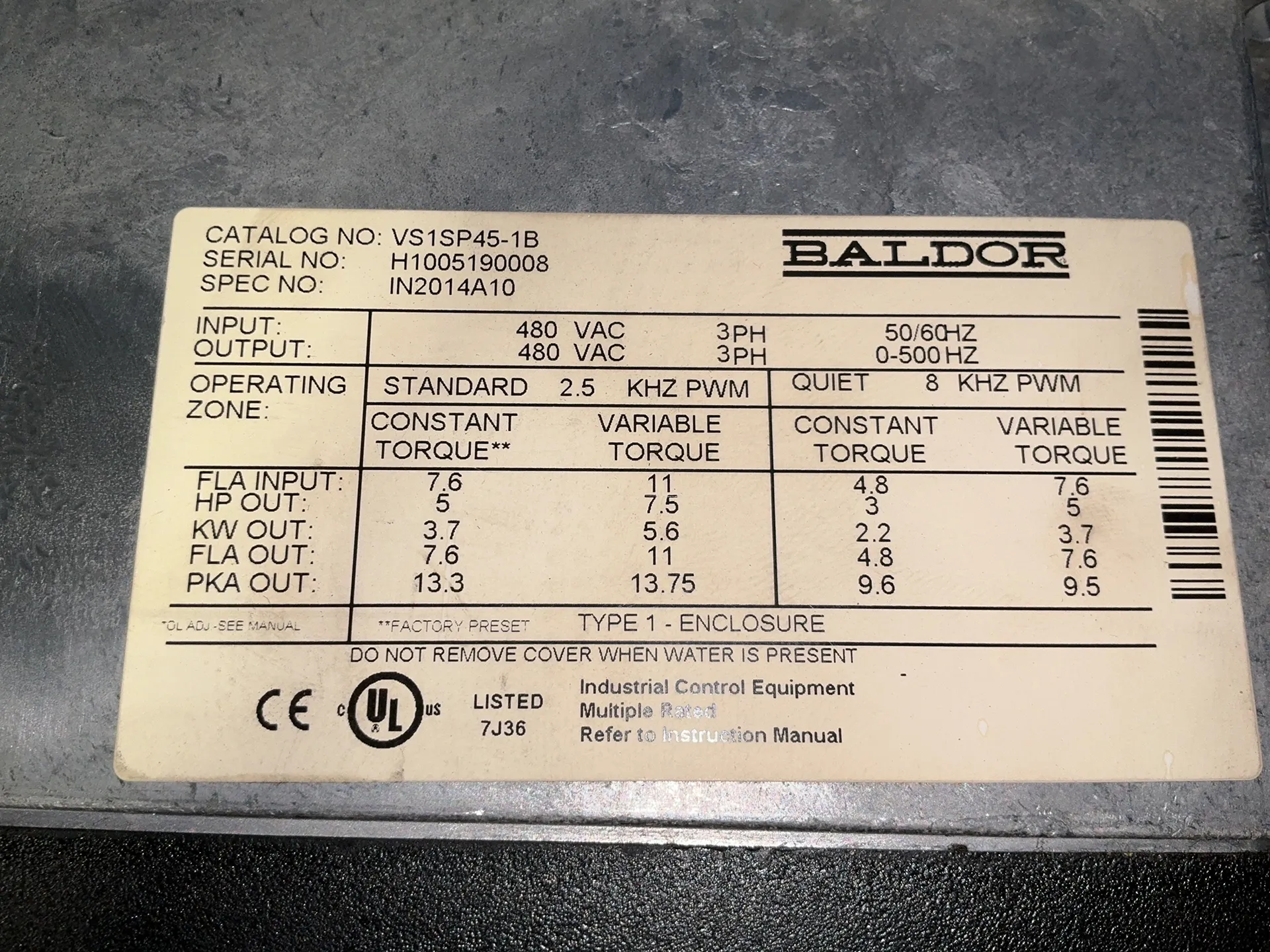5 HP Baldor #VS1SP45-1B, H2 Inverter, 7.6 Amps, 3 phase, 50/60 Hz, 480 Volts - Image 5