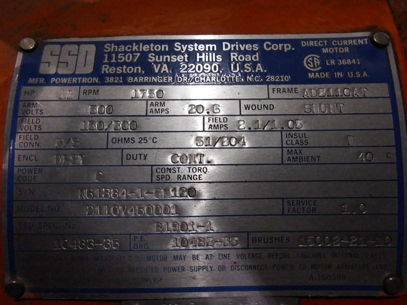 12 HP 1800 RPM PowerTron, Frame 2110AT, DPFG-SV, 500VA, 150/300VF - Image 4