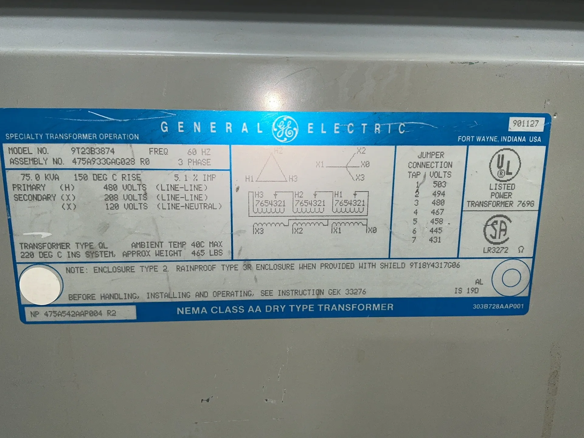 75 KVA 480 Primary, 208/120 Secondary, General Electric 9T23B3874, Dry Type Transformer, 3 Phase, Type 2 - Image 6