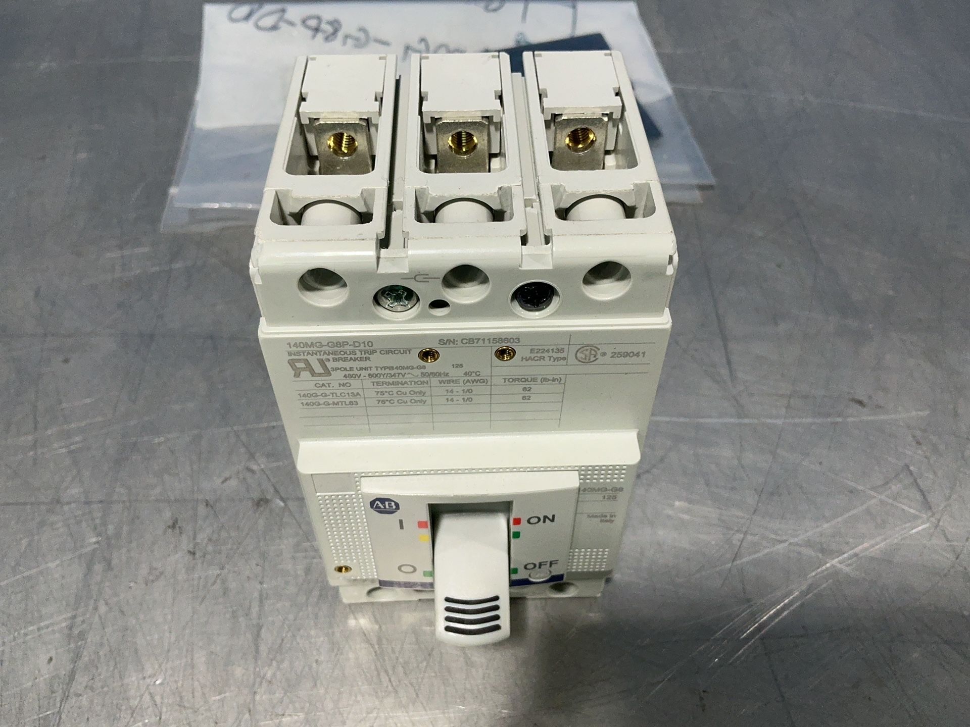 125 Amps, Allen-Bradley #140MG-G8P-D10, Instantaneous Trip Circuit Breaker - Image 3