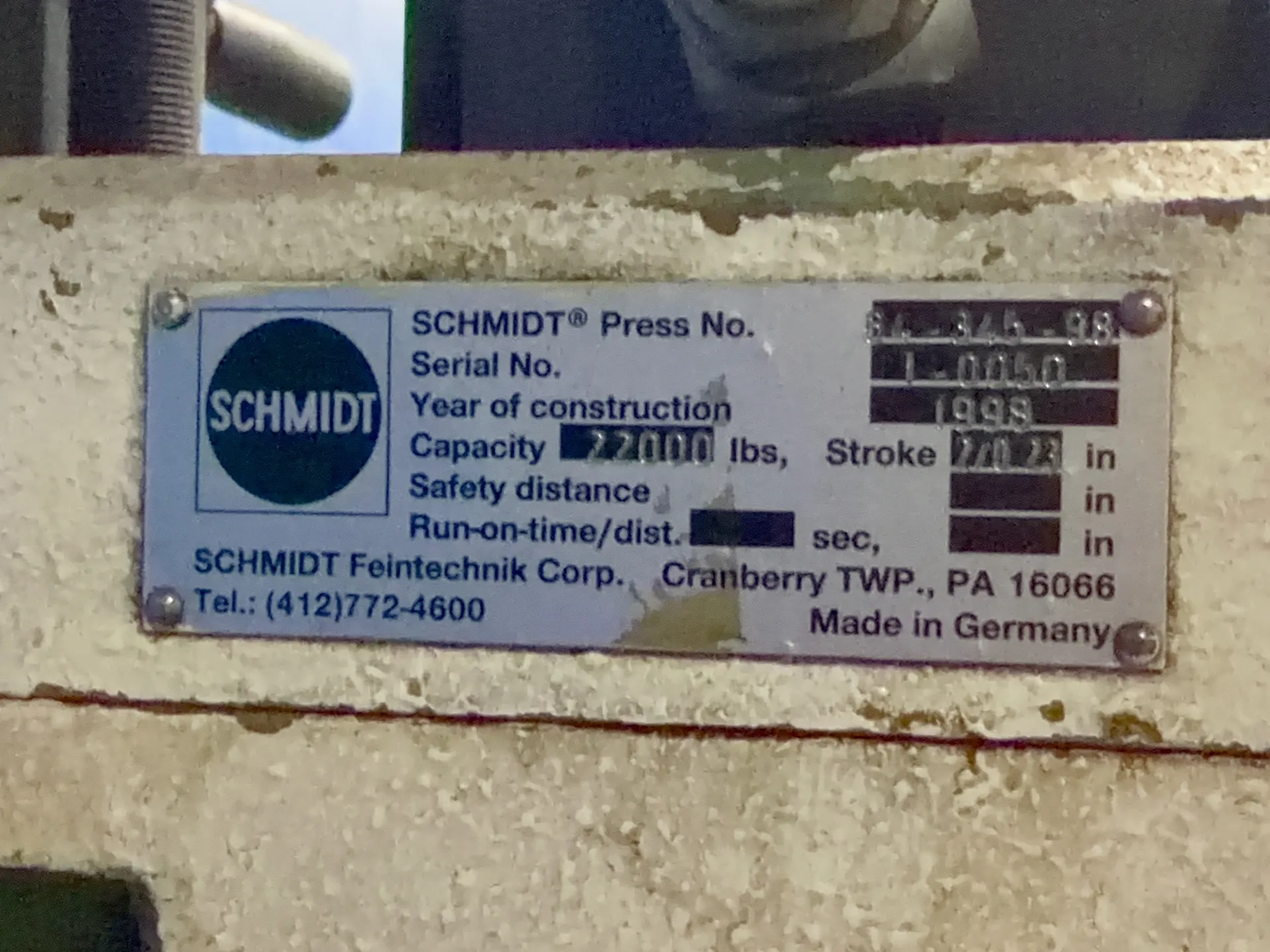Schmidt #84-345-98, Press, 22000 lb. capacity, 11" x 15" bed, 1998 - Image 4