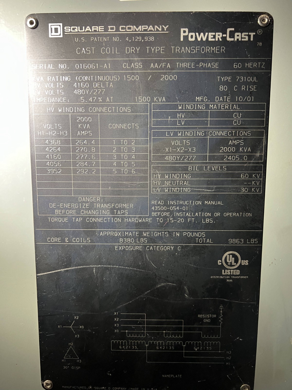 1500/2000 KVA 4160 Delta Primary, 480Y/277 Secondary, Square D Power-Cast, Type 7310UL, Cast Coil Dry Type - Image 2