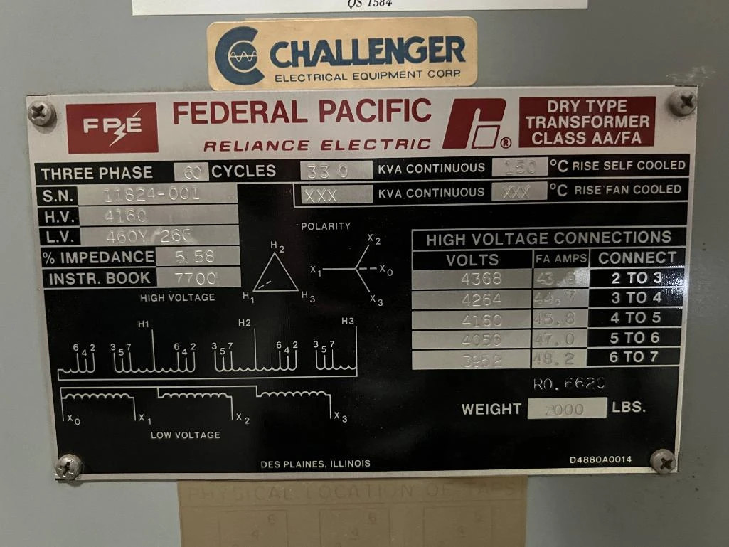 330 KVA 4160 Primary, 480 Secondary, Federal Pacific, Dry Type Transformer, 4160/460Y - Image 2
