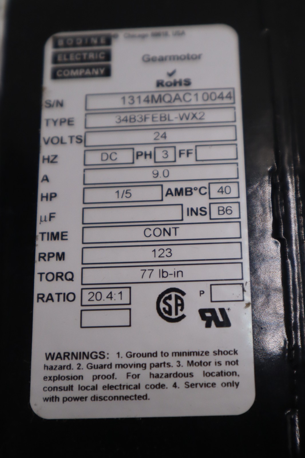 Bodine HP Electric RPM #34B3FEBL-WX2, 1309, Brushless Gearmotor, 34B-WX Series - Image 2