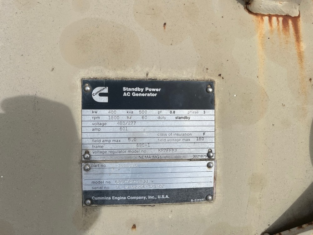 400 KW Cummins #KTA19-G2, Generator, 777 Hours, 480 Volts, Open Skid, 1986 - Image 7