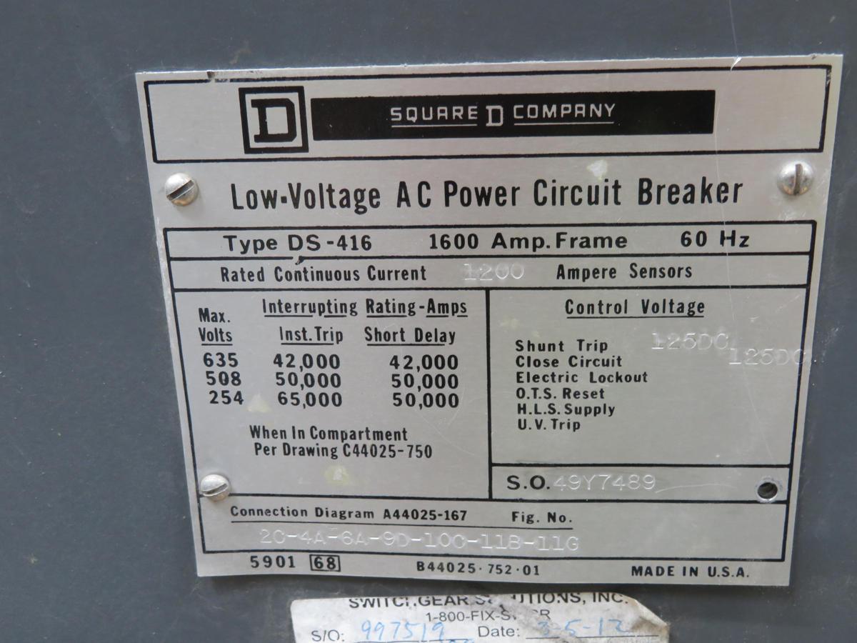 1600 Amps, Square D #DS-416, low voltage ac power circuit b, 600 Volts AC max, 60 Hz - Image 4