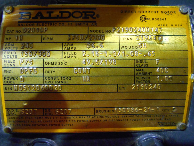 10 HP 1800/2300 RPM Baldor, Frame 219ATC, DPFG-BV, rebuilt, 240VA, 150/300VF - Image 3