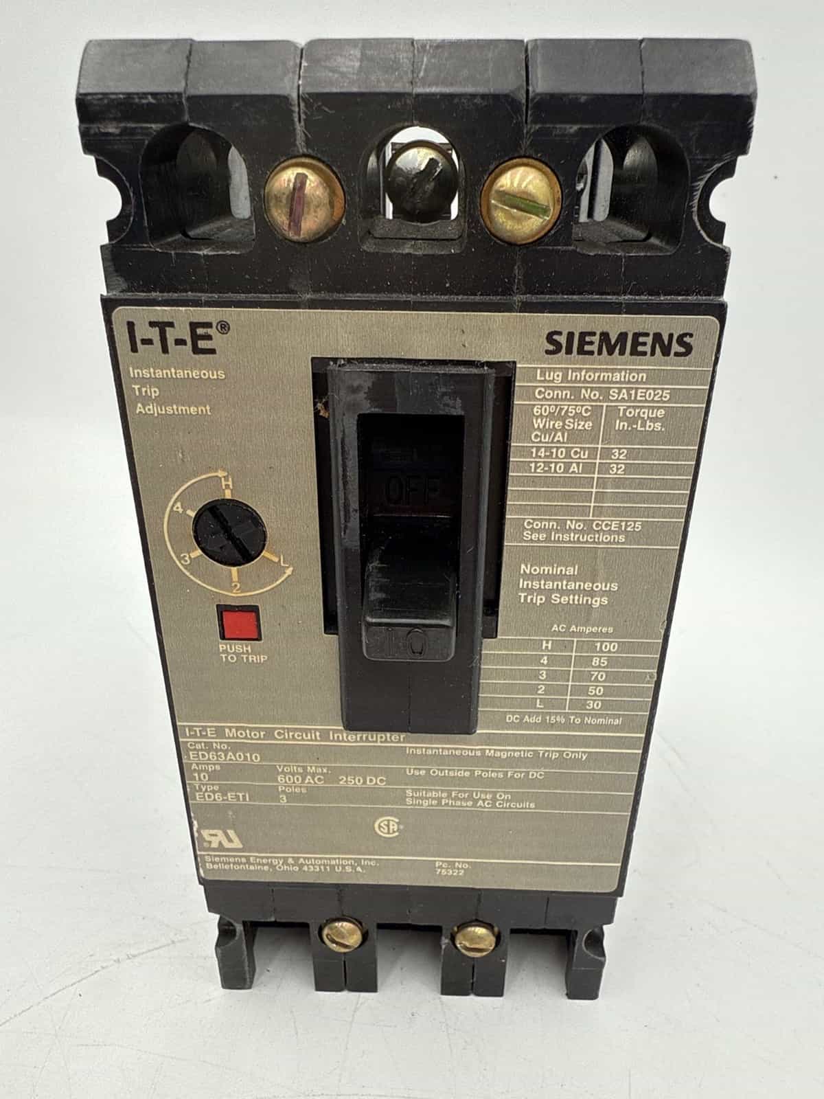 10 Amps, ITE #ED63A010, Circuit Breaker, 3-Pole, 600 Volts, Bolt-On - Image 2