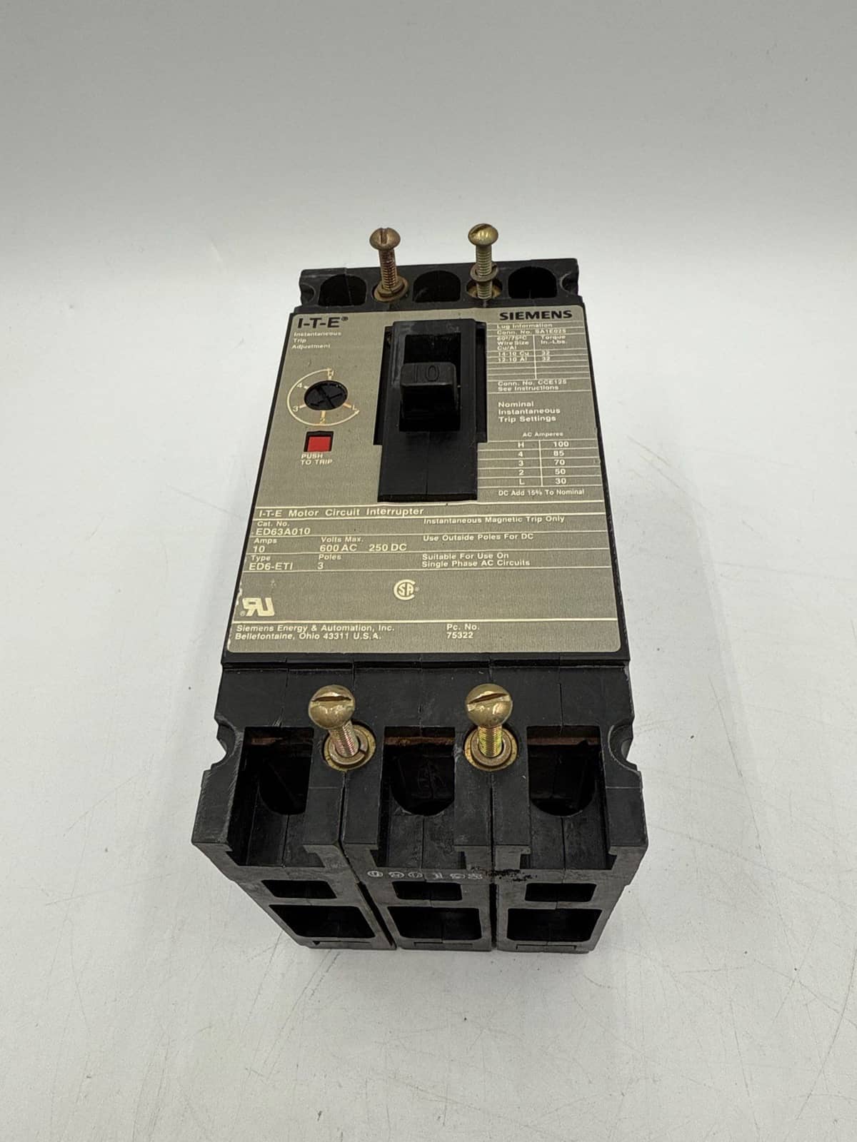 10 Amps, ITE #ED63A010, Circuit Breaker, 3-Pole, 600 Volts, Bolt-On - Image 3