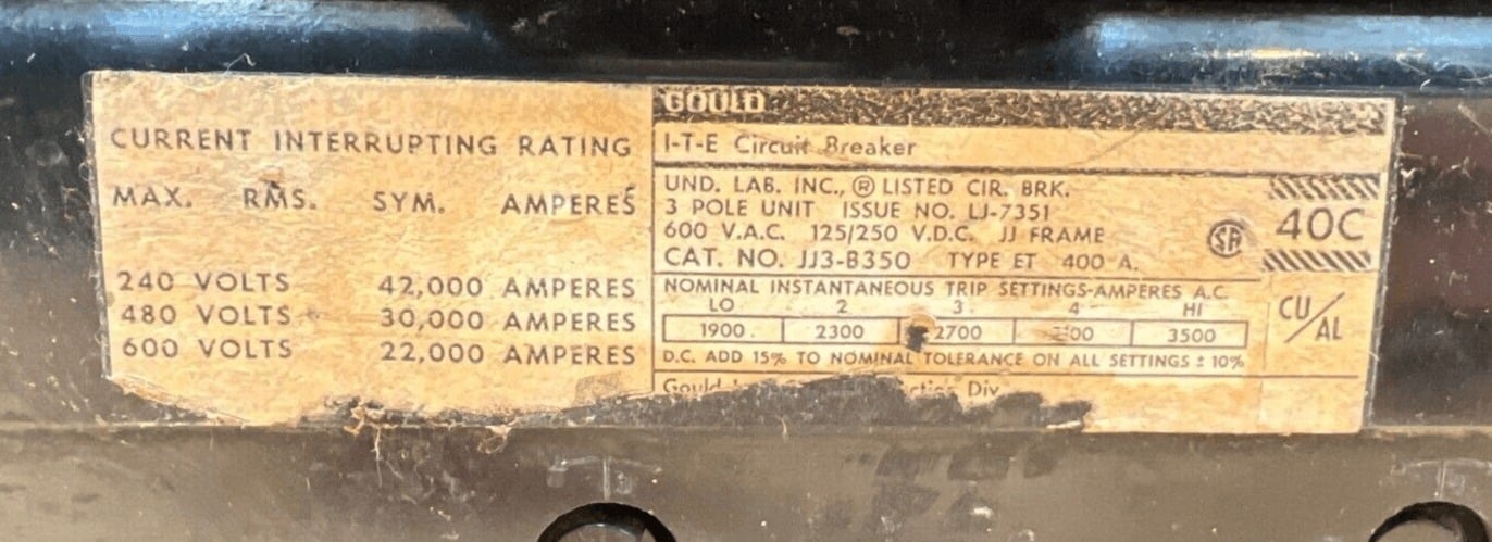 400 Amps, ITE #JJ3-B350, Circuit Breaker, 3-Pole, 600 Volts, Lug to Lug - Image 2