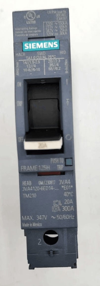20 Amps, Siemens #3VA4120-6ED14-0AA0, Circuit Breaker, 1-Pole, 347 Volts, NEW - Image 1