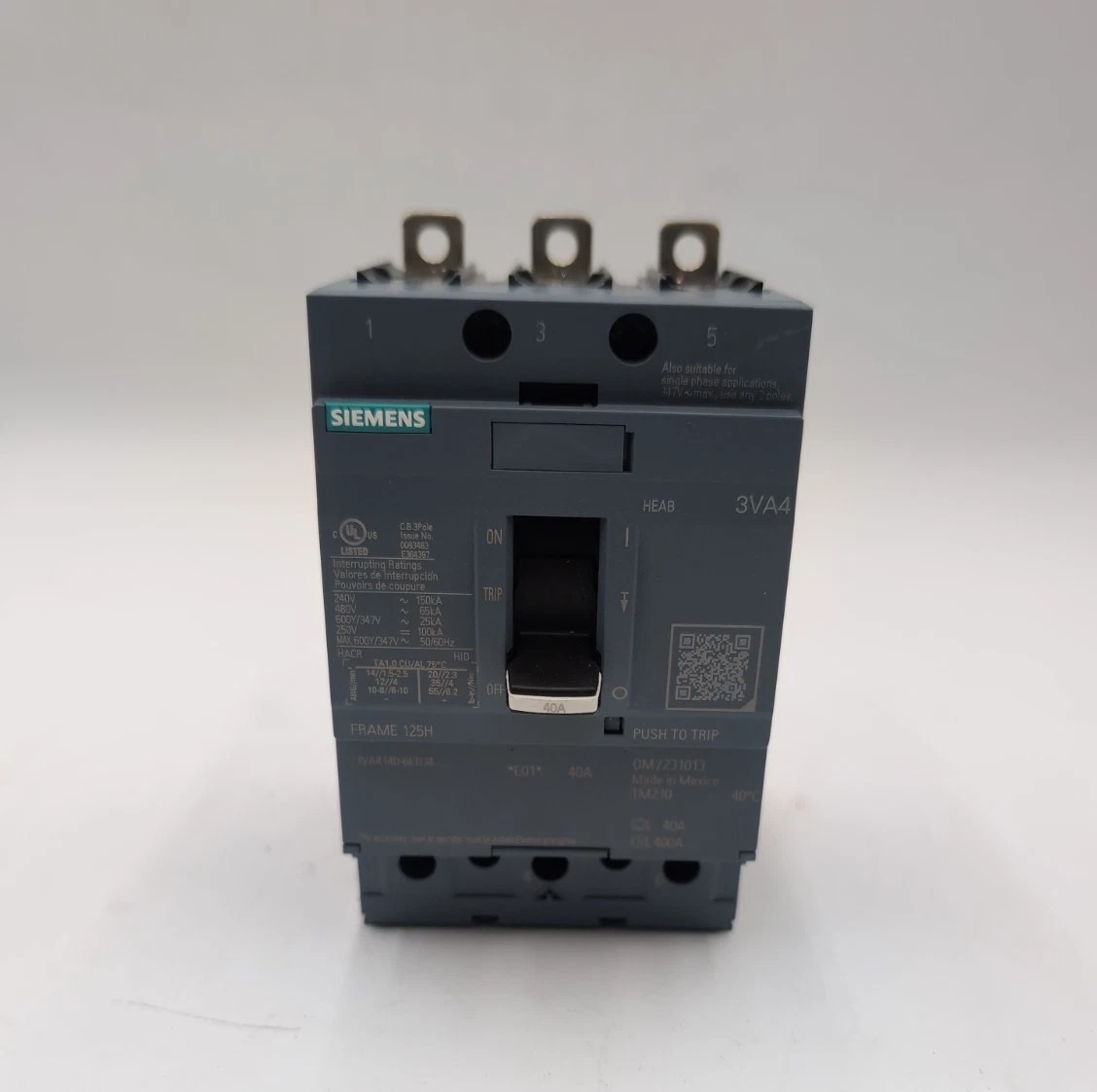 40 Amps, Siemens #3VA4140-6ED34-0AA0, Circuit Breaker, 3-Pole, 480 Volts, Bolt-On, NEW - Image 2