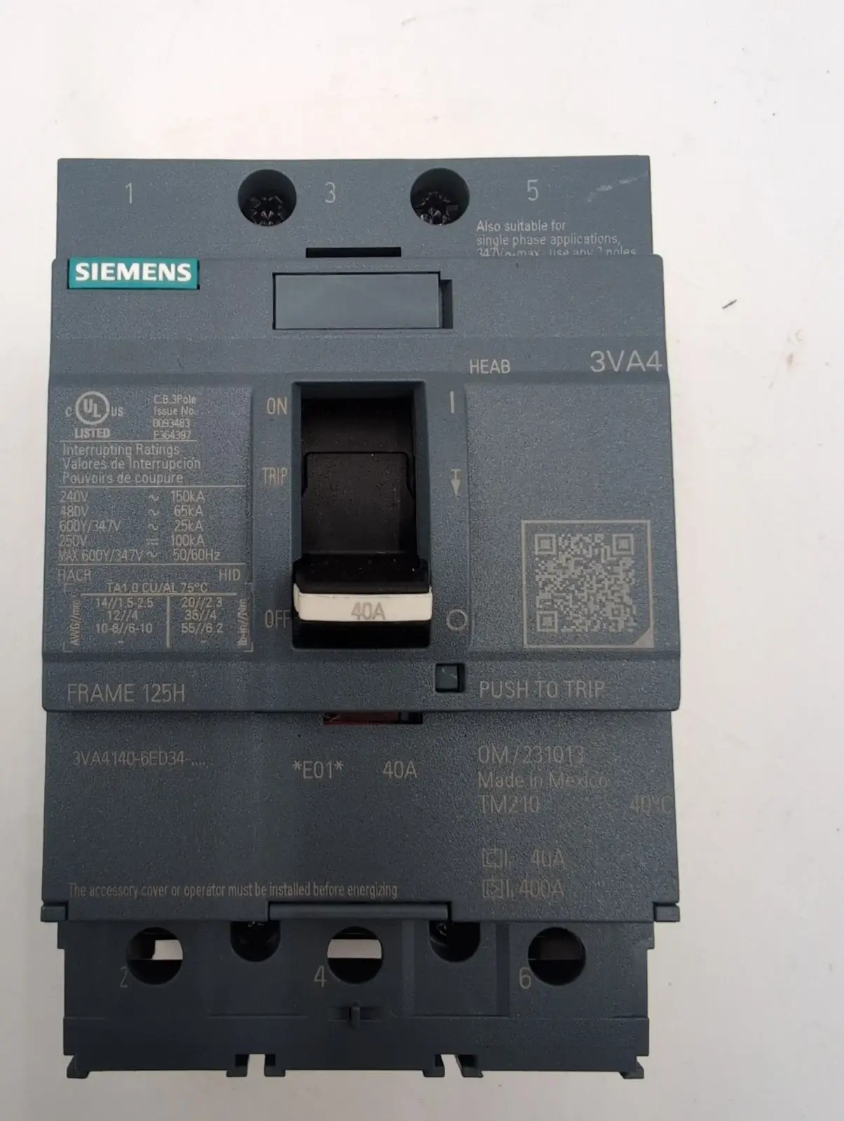 40 Amps, Siemens #3VA4140-6ED34-0AA0, Circuit Breaker, 3-Pole, 480 Volts, Bolt-On, NEW - Image 6