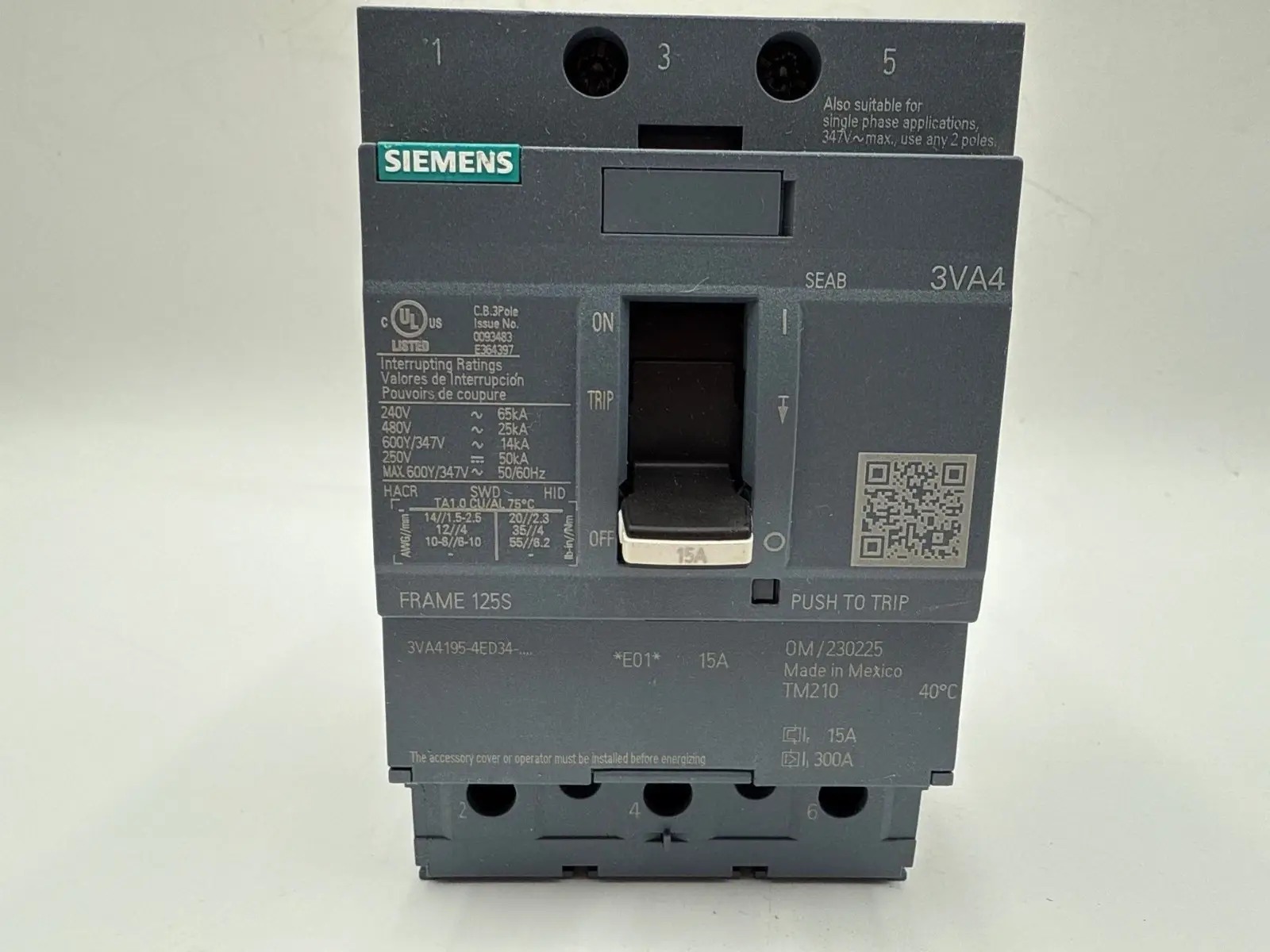 15 Amps, Siemens #3VA4195-4ED34-0AA0, Circuit Breaker, 3-Pole, 600 Volts, NEW - Image 2
