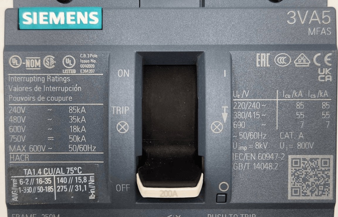 200 Amps, Siemens #3VA5220-5EC31-0AA0, Circuit Breaker, 3-Pole, 600 Volts - Image 2