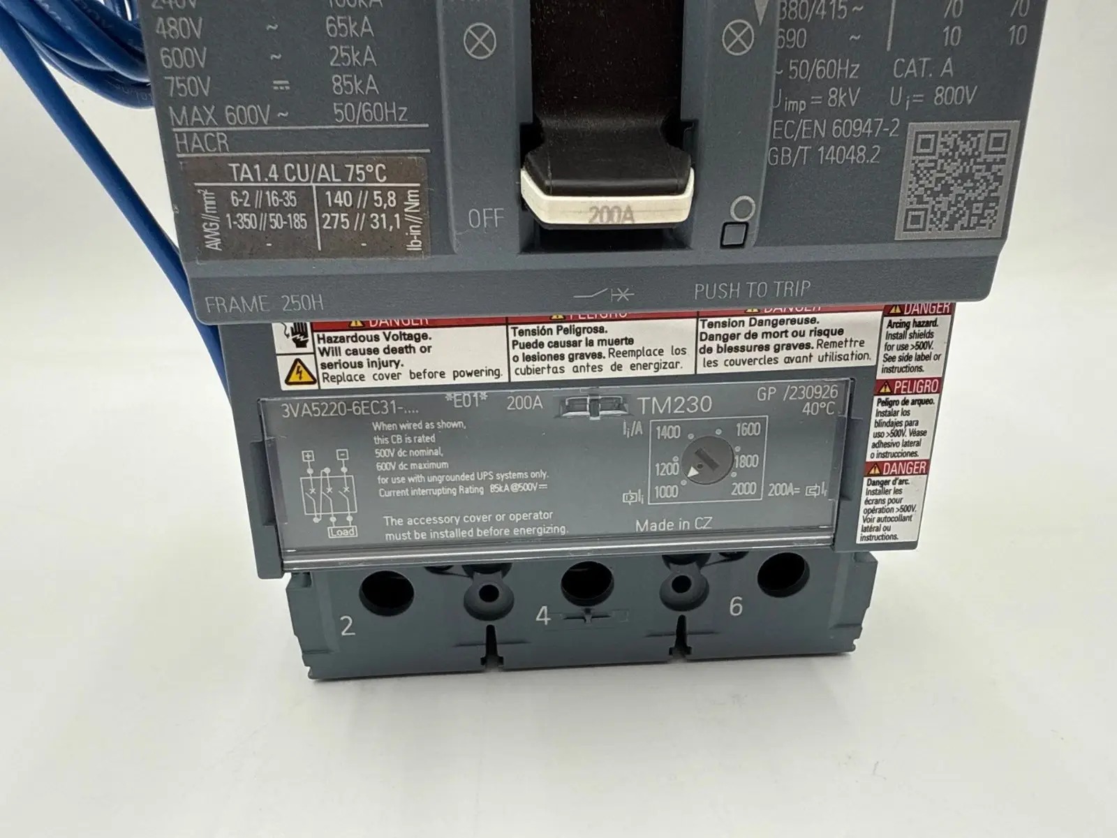 200 Amps, Siemens #3VA5220-6EC31-0AA0, Circuit Breaker, 3-Pole, 600 Volts, Shunt Trip, NEW - Image 4