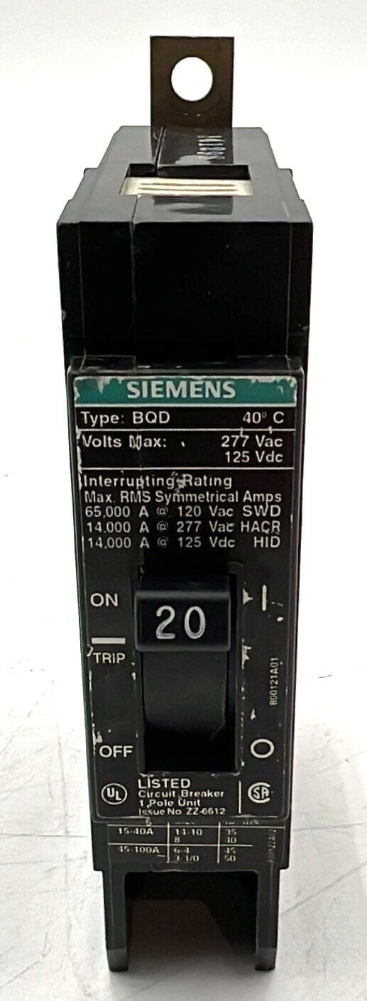 20 Amps, Siemens #BQD120, Circuit Breaker, 1-Pole, 277 Volts, Bolt-On - Image 1