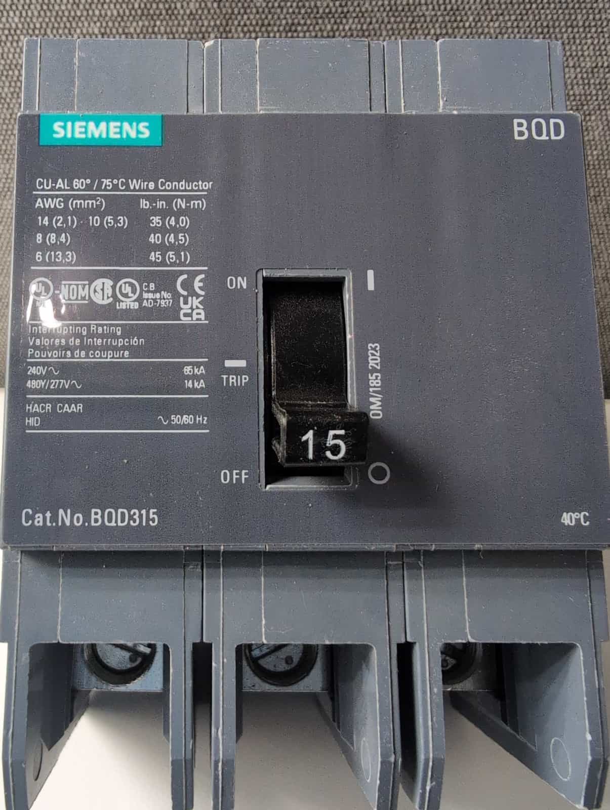 15 Amps, Siemens #BQD315, Circuit Breaker, 3-Pole, 240 Volts, NEW - Image 2