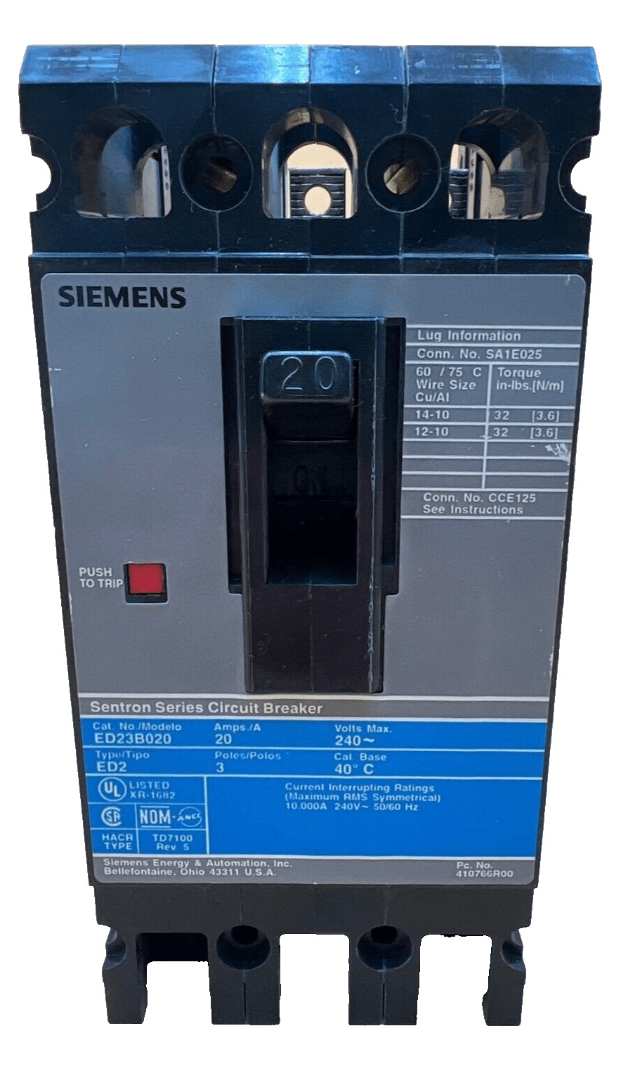 20 Amps, Siemens #ED23B020, Circuit Breaker, 3-Pole, 240 Volts, Bolt-On - Image 1