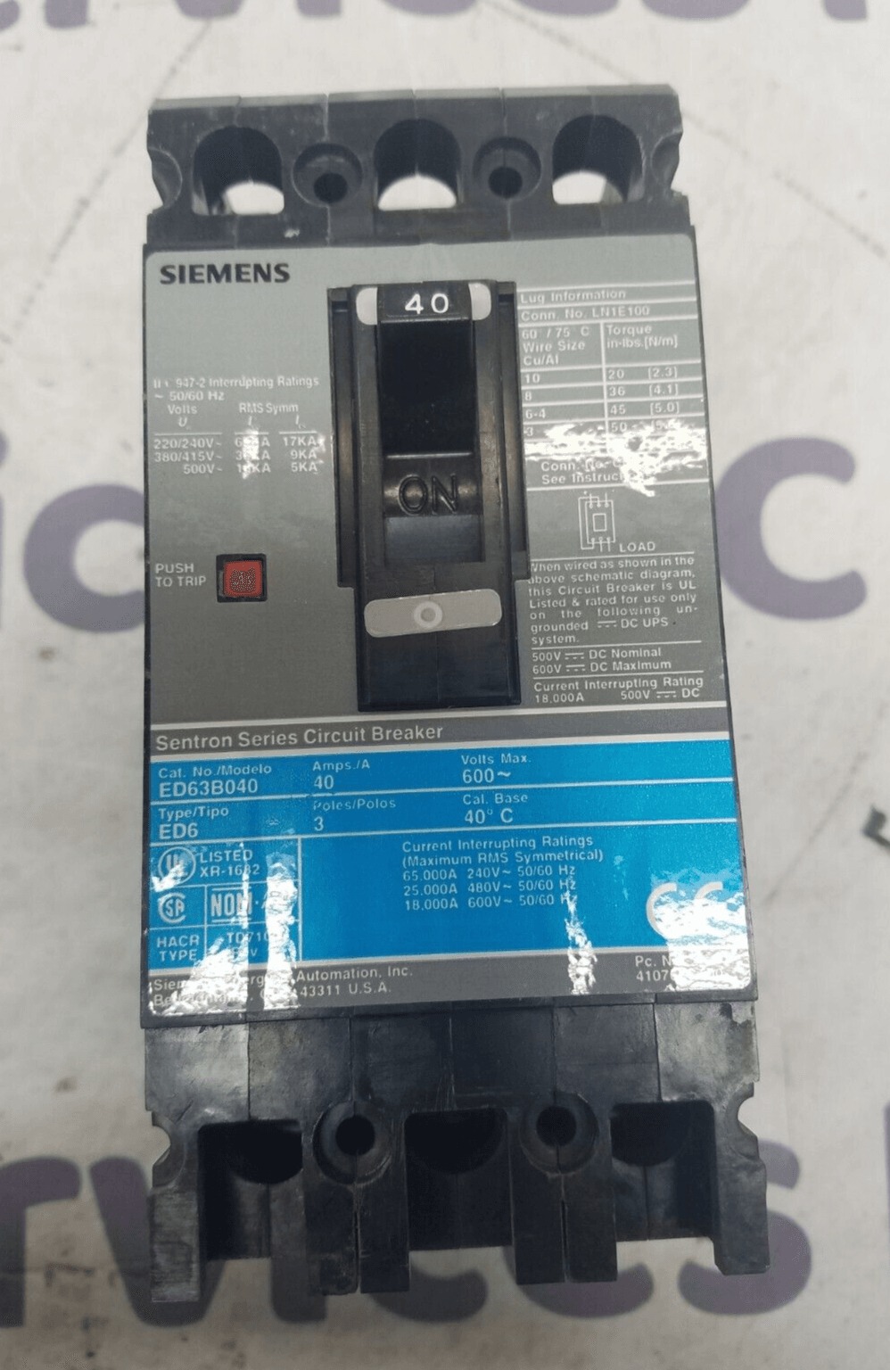 40 Amps, Siemens #ED63B040, Circuit Breaker, 3-Pole, 600 Volts, NEW - Image 2