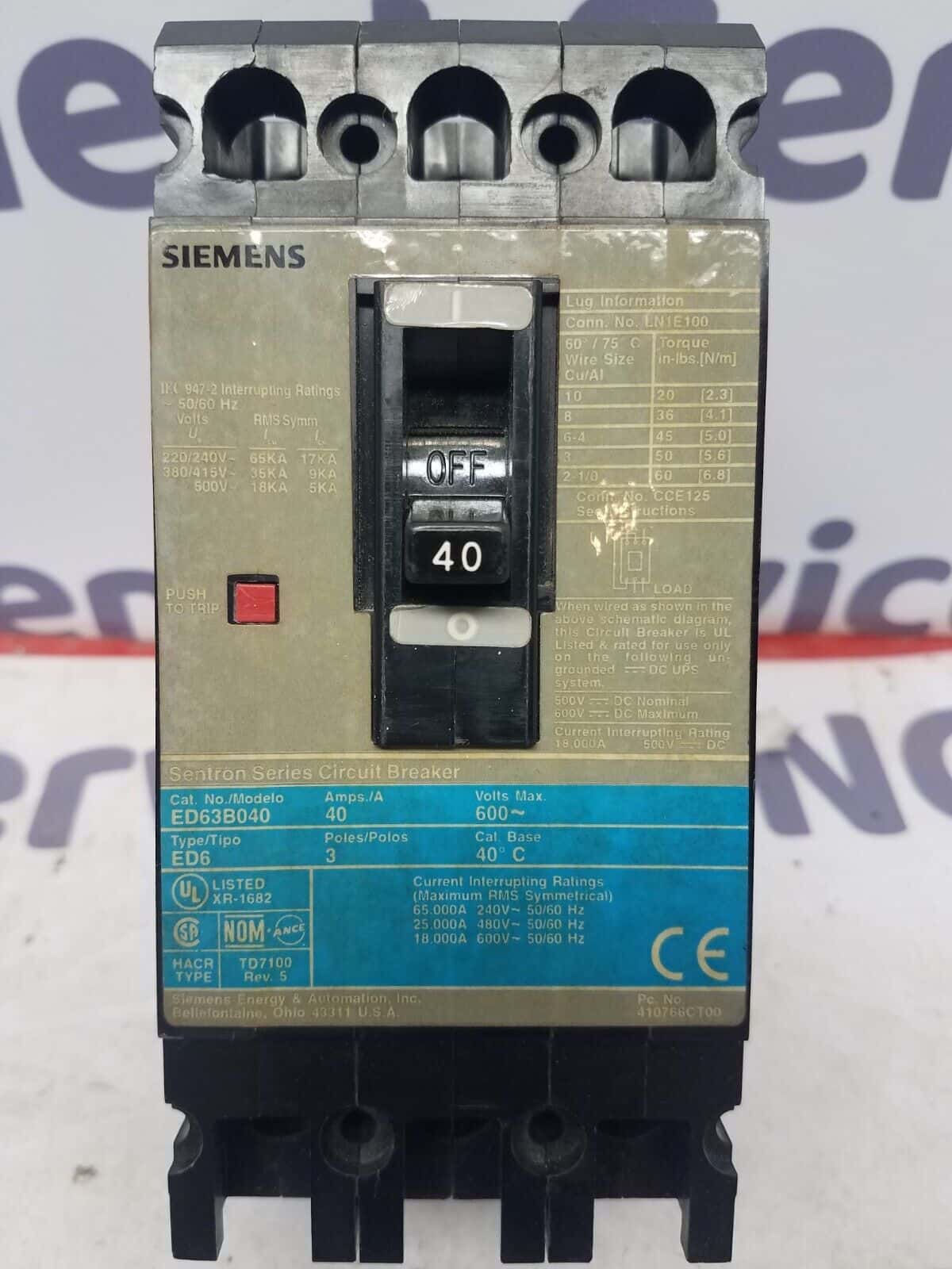 40 Amps, Siemens #ED63B040, Circuit Breaker, 3-Pole, 600 Volts, Bolt-On - Image 1