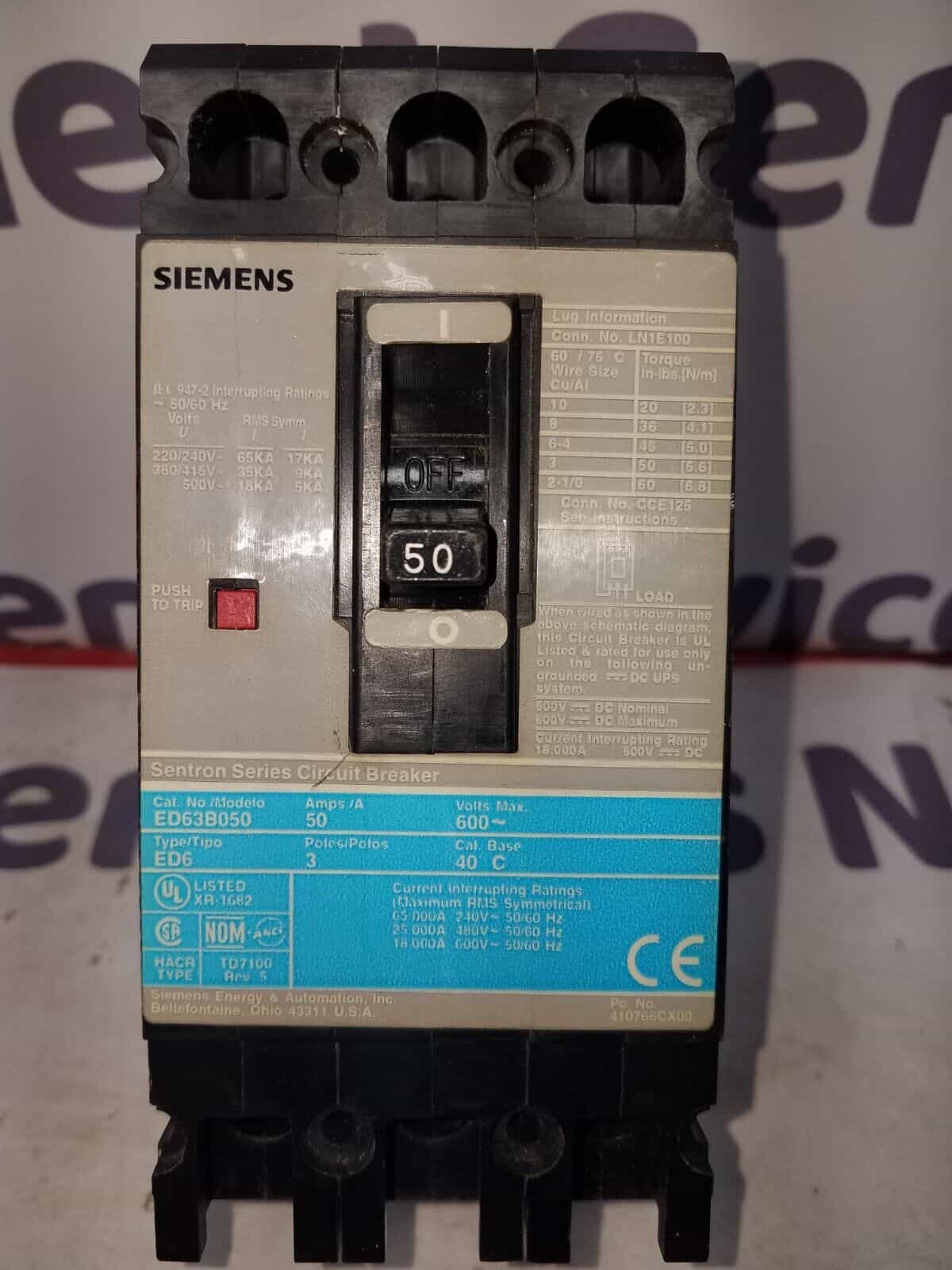 50 Amps, Siemens #ED63B050, Circuit Breaker, 3-Pole, 600 Volts, Bolt-On - Image 2
