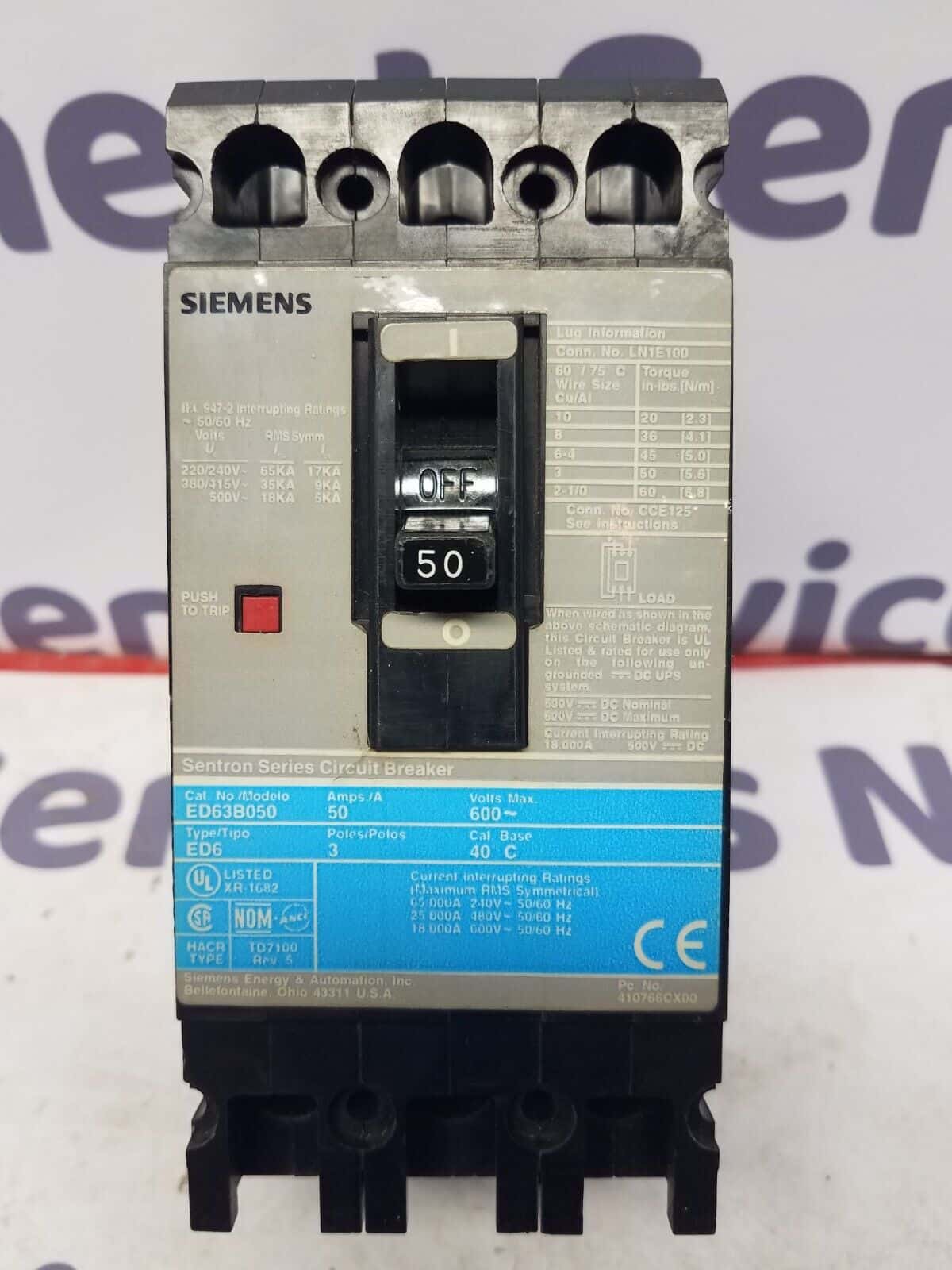 50 Amps, Siemens #ED63B050, Circuit Breaker, 3-Pole, 600 Volts, Bolt-On - Image 3