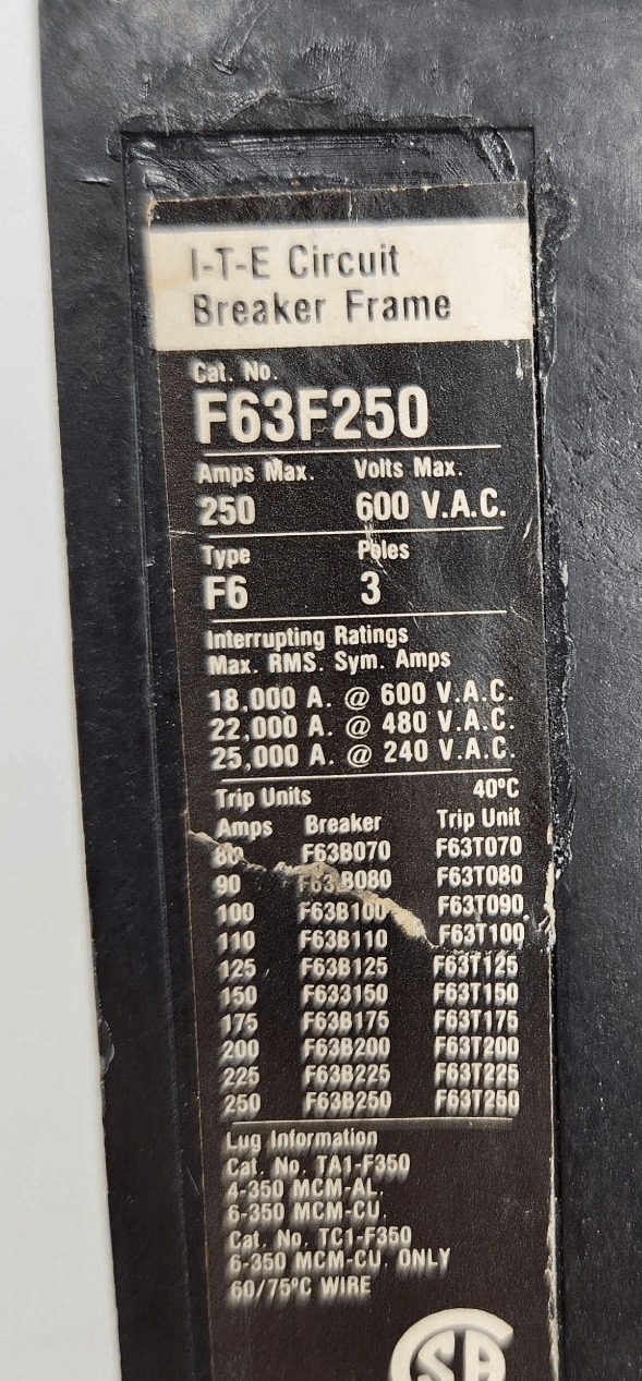 200 Amps, Siemens #F63F250, Circuit Breaker, 3-Pole, 600 Volts - Image 2