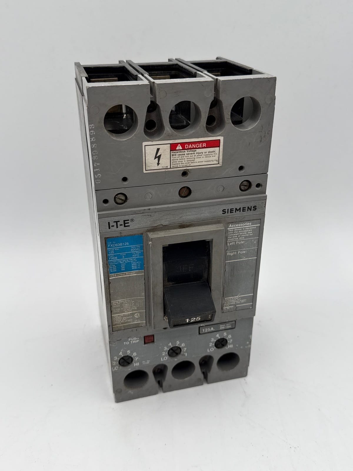 125 Amps, Siemens #FXD63B125, Circuit Breaker, 3-Pole, 600 Volts (2 available) - Image 1
